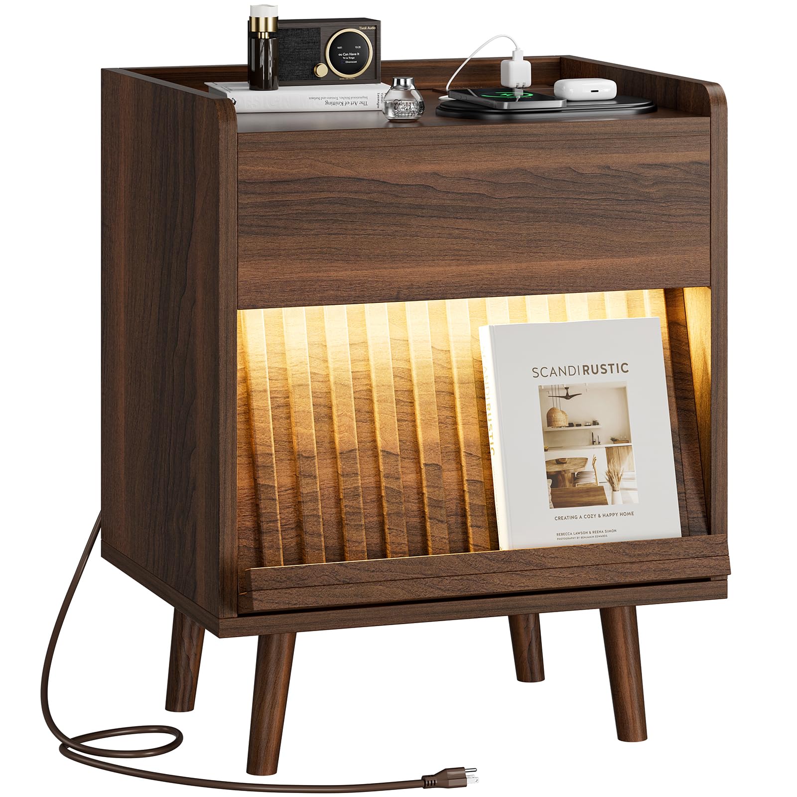 REAHOME Fluted Night Stand with Charging Station and LED Lights