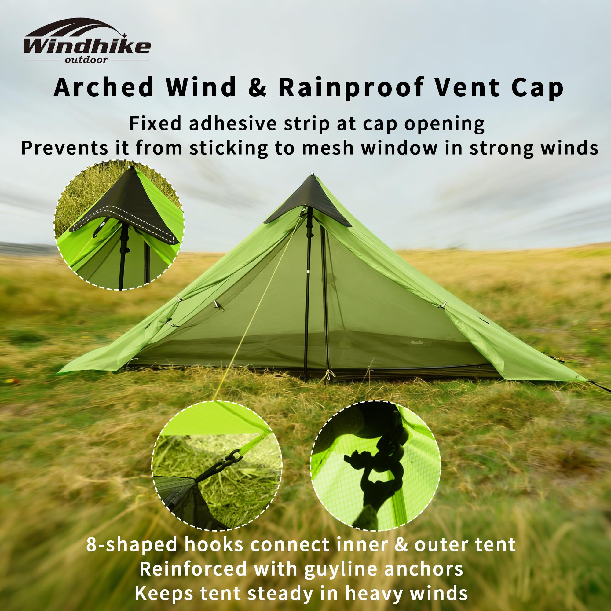 Windhike Tente ultra légère 0,92 kg, sans barres, pour 1 personne, tente de trekking, double couche, facile à monter, bien ventilée, PU 5000 mm imperméable et coupe-vent, pour la randonnée