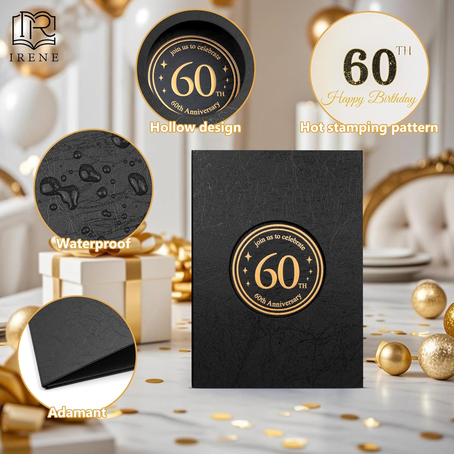 IRENE 60th Birthday Decorations, Black Gold Happy 60th Birthday Anniversary Party Guest Book for Men Women Alternative Signature Board Card for Creative Signing Party Supplies - Image 3