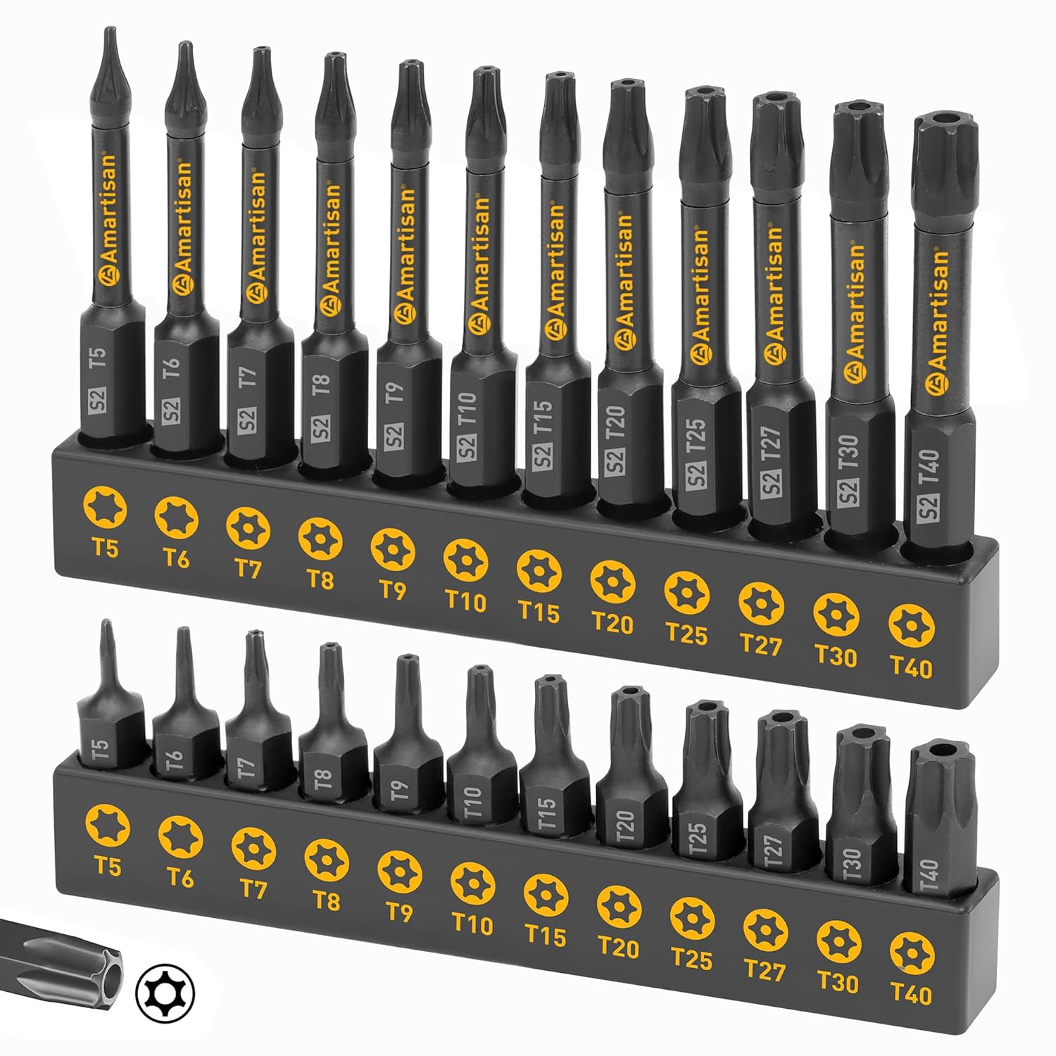 Amartisan Torx Bit Set 24-Piece S2 Steel 1 2 3 Long T5 - T40 Security Tamper Resistant Fastener