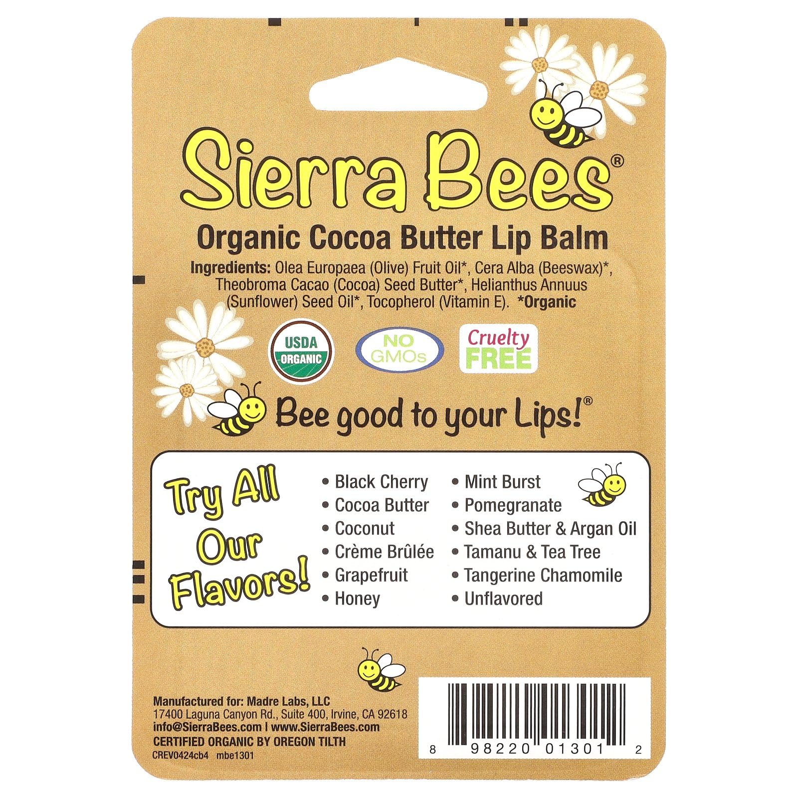 【新品】シエラビーズ　オーガニックリップバーム　ココアバター　4個パック Amazon.co.jp: Sierra Bees, オーガニックリップバーム、ココ