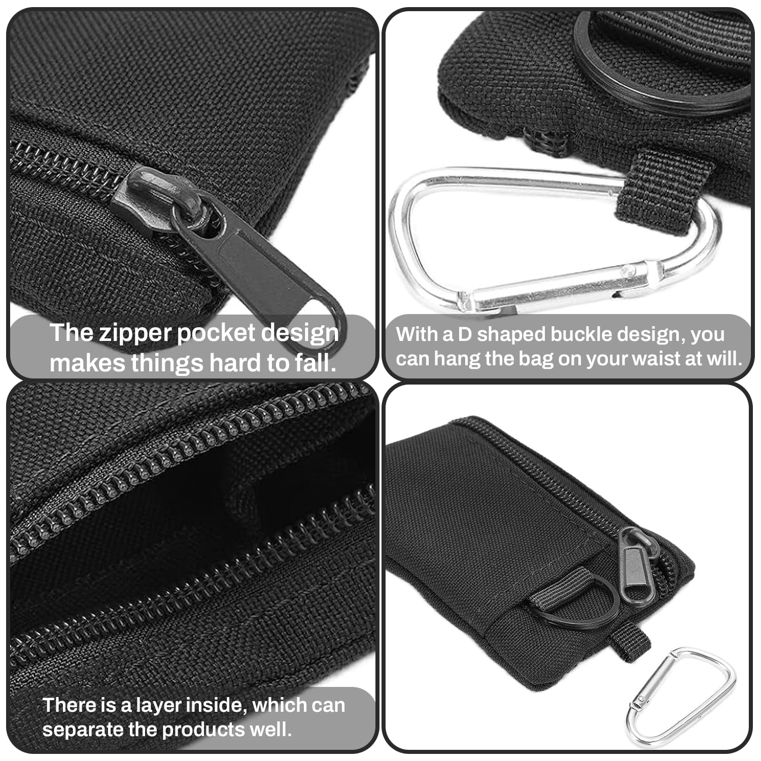 Norhogo 1pcs Black Mini EDC Pouch Bags, Small Zipper Tool Bag Small Zip Pouch, Money Bag with Keyring and Carabiner for Outdoor - Image 3