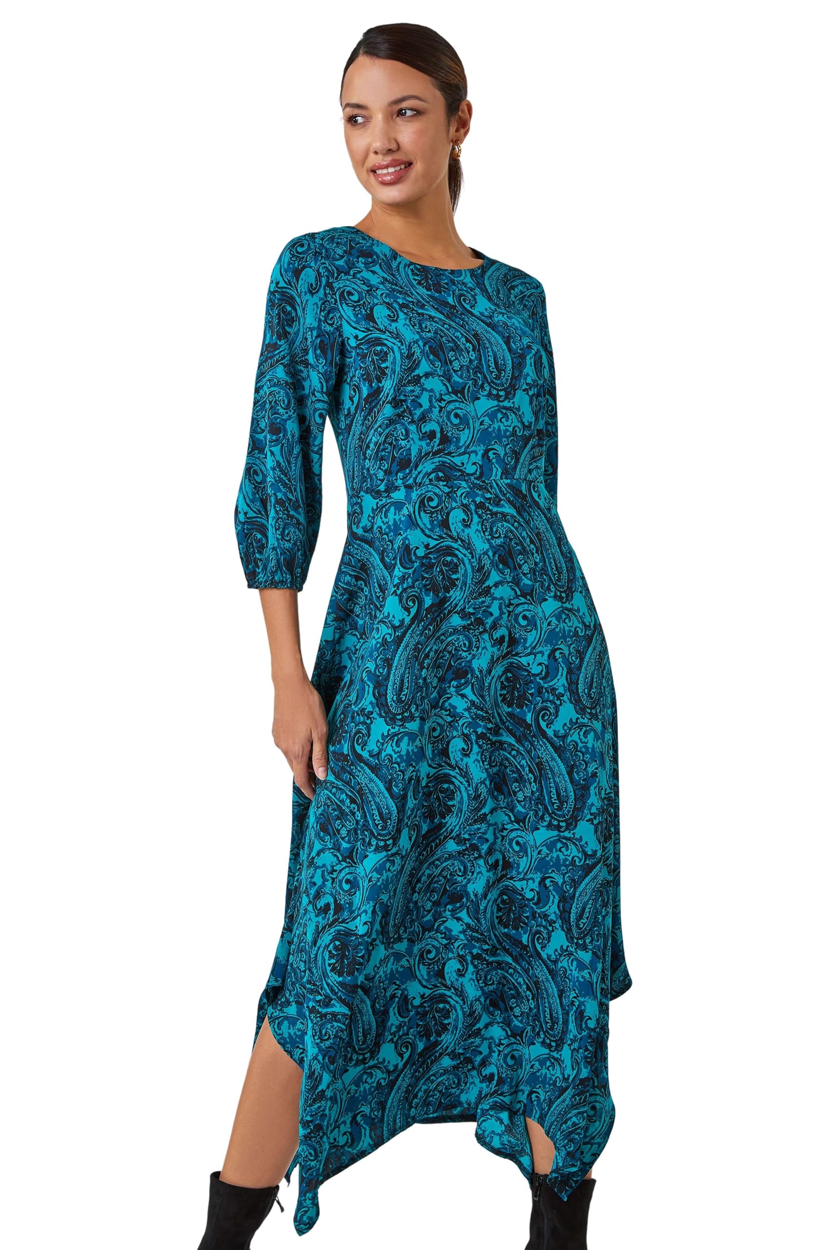 Roman OriginalsHanky Hem Swing Dress with Pockets for Women UK Ladies Asymmetric Hemline Stretchy Jersey 3/4 Sleeve Winter Smart Casual Work Office Party Knee Length Tunics