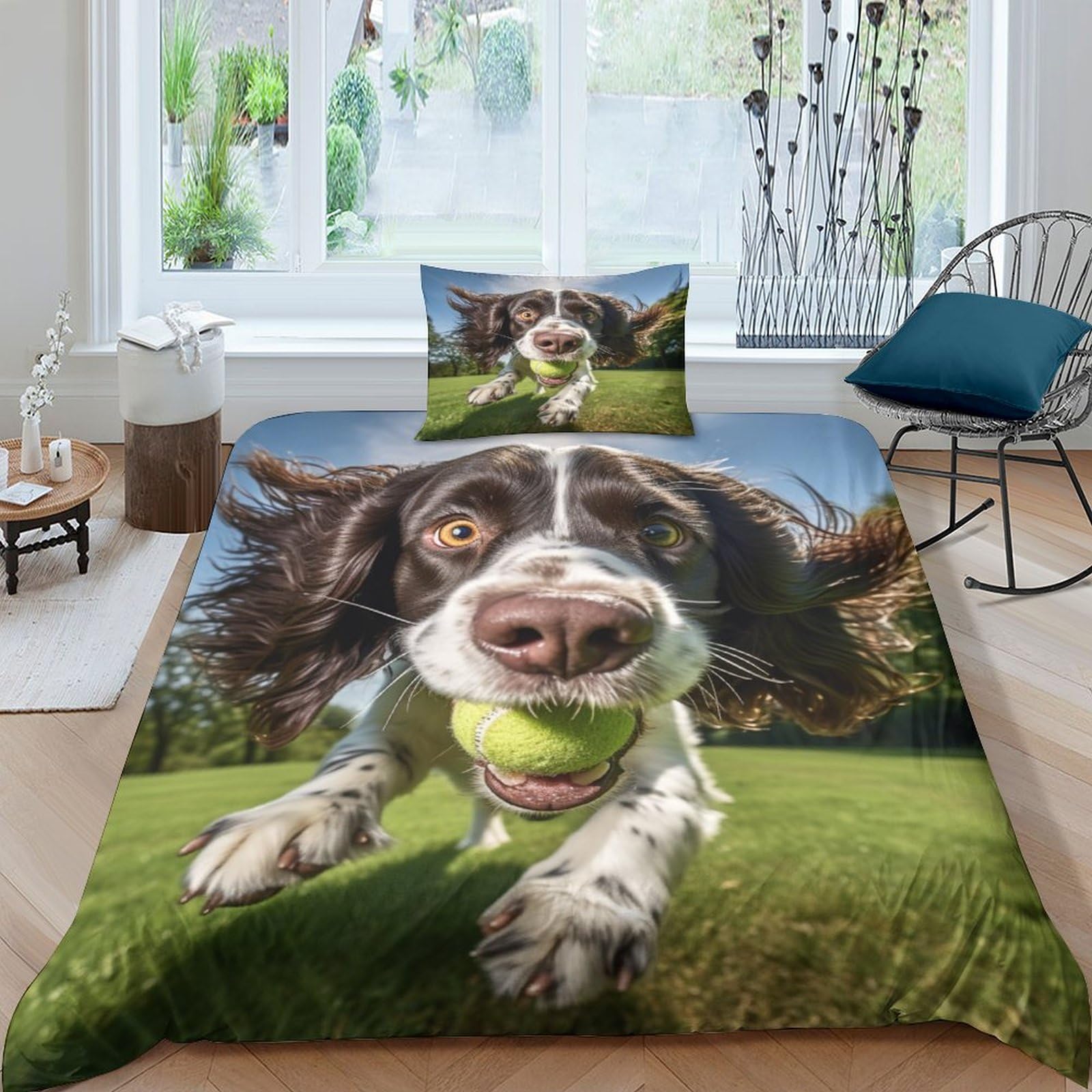 cenmoo Springer Spaniel King Size Duvet Cover Sets 3D Pattern Printed Bedding Sets King SizeCute Dog Quilt Cover Set Bed Covers Double BedSingle（135x200cm）