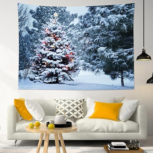 Miniatura 2 de LB Tapiz de árbol de Navidad, escena de invierno, bosque de pinos de Navidad, tapiz de pared cubierto de nieve para dormitorio, paisaje de invierno,