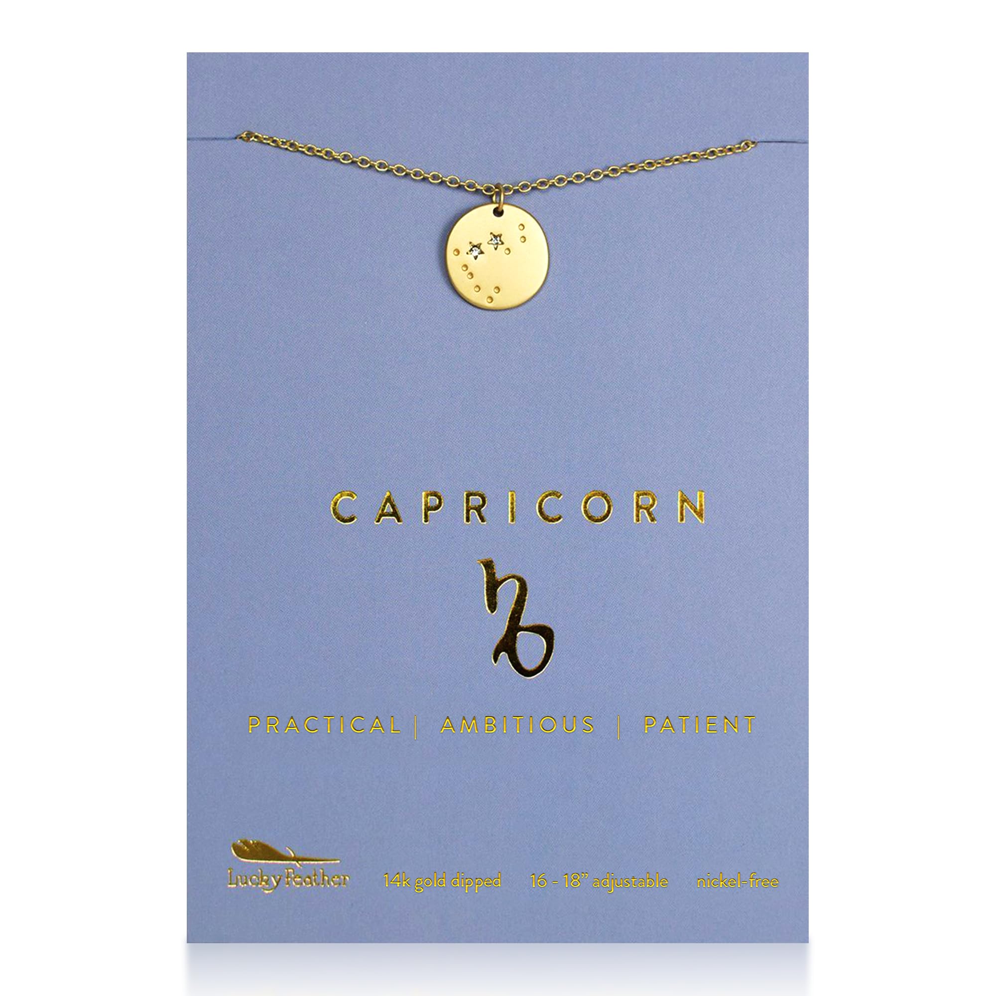 Lucky Feather Zodiac Necklace - 14K Gold-Dipped Constellation Pendant Necklace - Zodiac Sign Birthday Gifts for Women and Girls with Adjustable 16" - 18" Chain