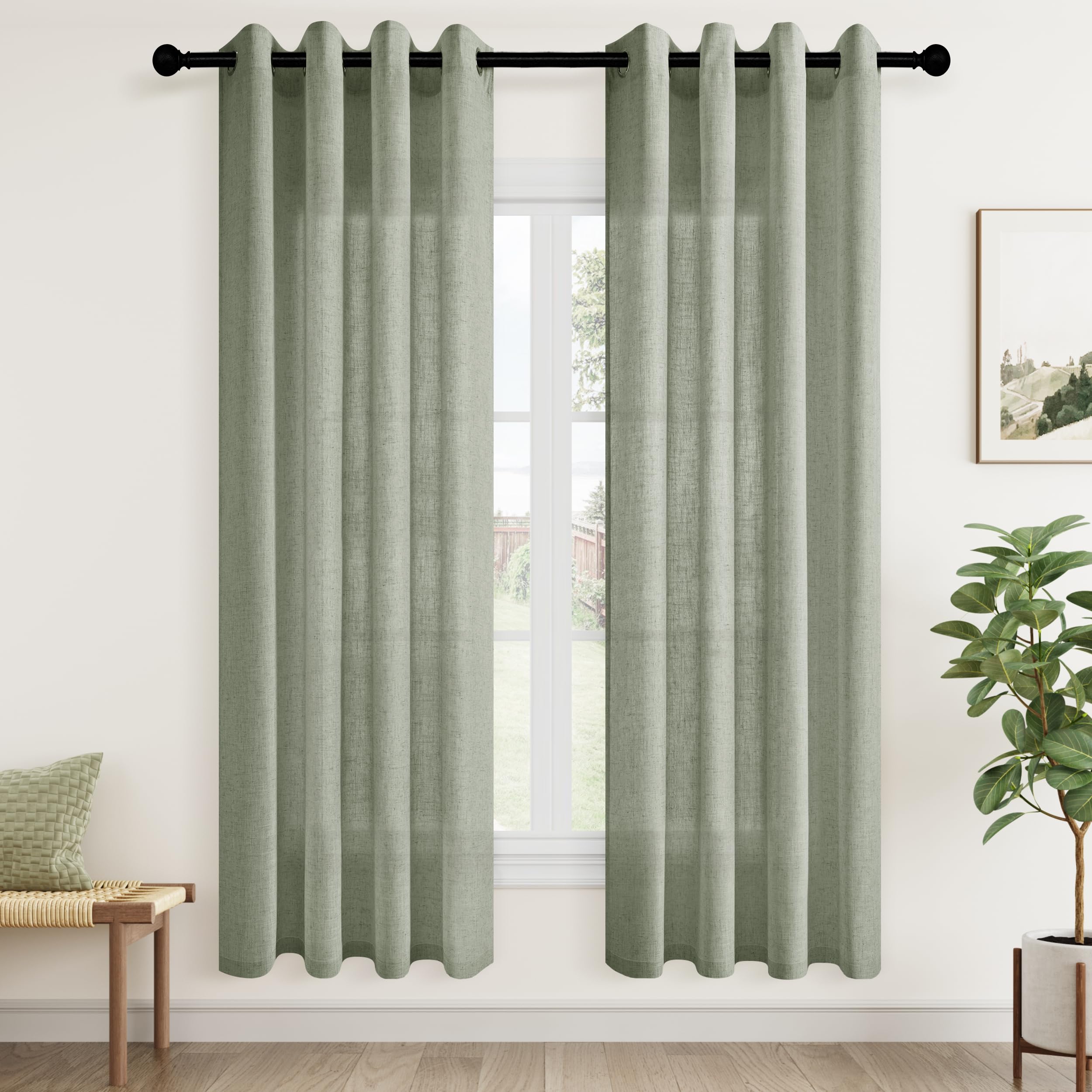 Amazon｜グリーンリネンカーテン 長さ72インチ リビングルーム用 2