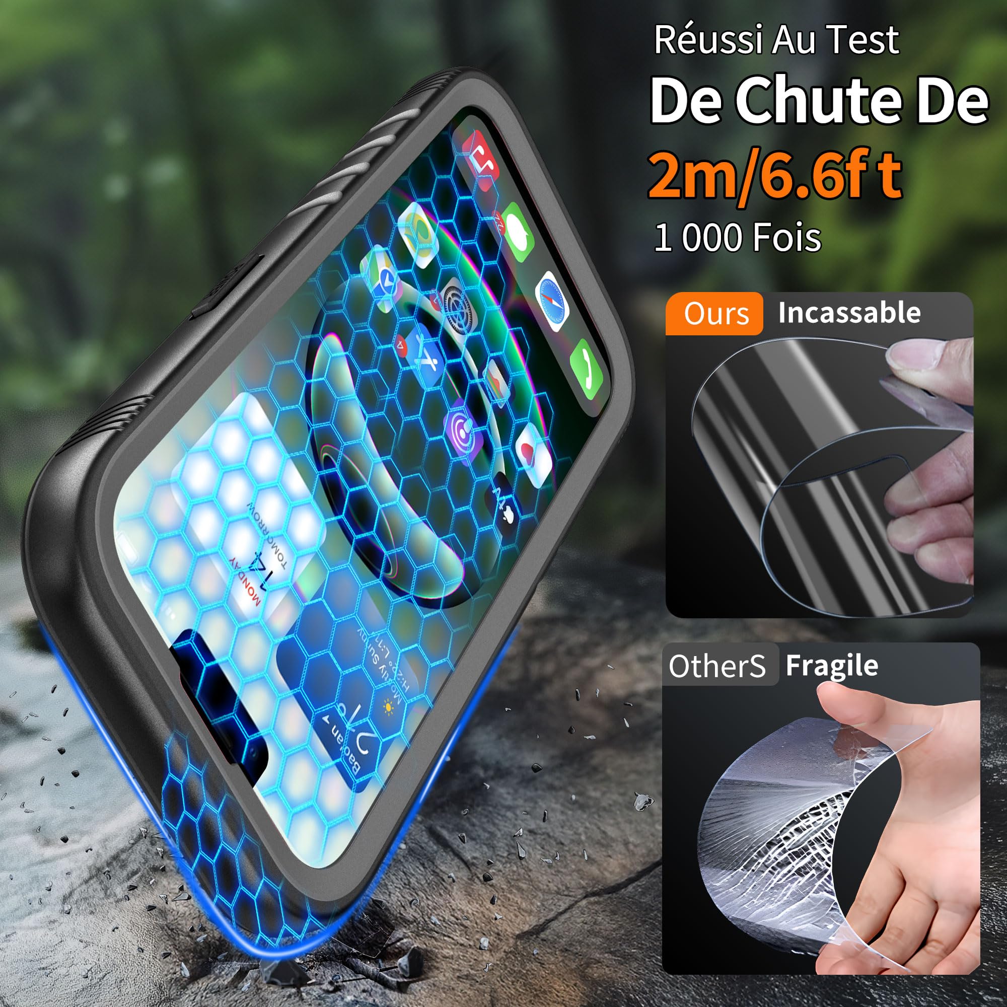 Cozycase Coque pour iPhone 15 Etanche Antichoc - 360 Integral Incassable Militaire Super Résistante Housse IP68 Waterproof Chantier Anti Choc Eau Poussière Coque Case et Protection Ecran/Camera-Noir