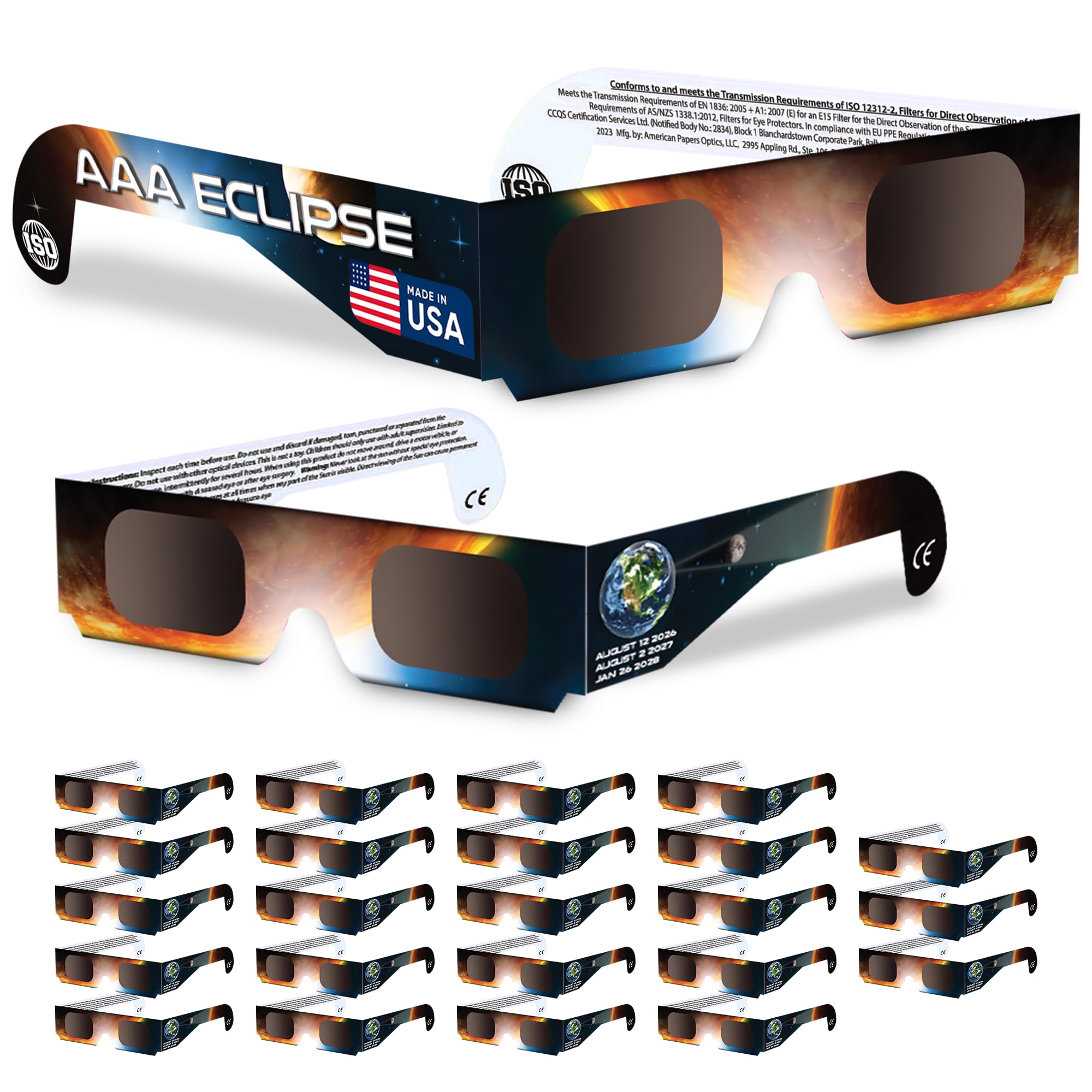 AAA Eclipse - Pack of 25 Solar Eclipse Glasses ISO 12312-2 Certified Solar Glasses - Made in USA - Direct Sun Viewing spectacles UK - Total Eclipse specs