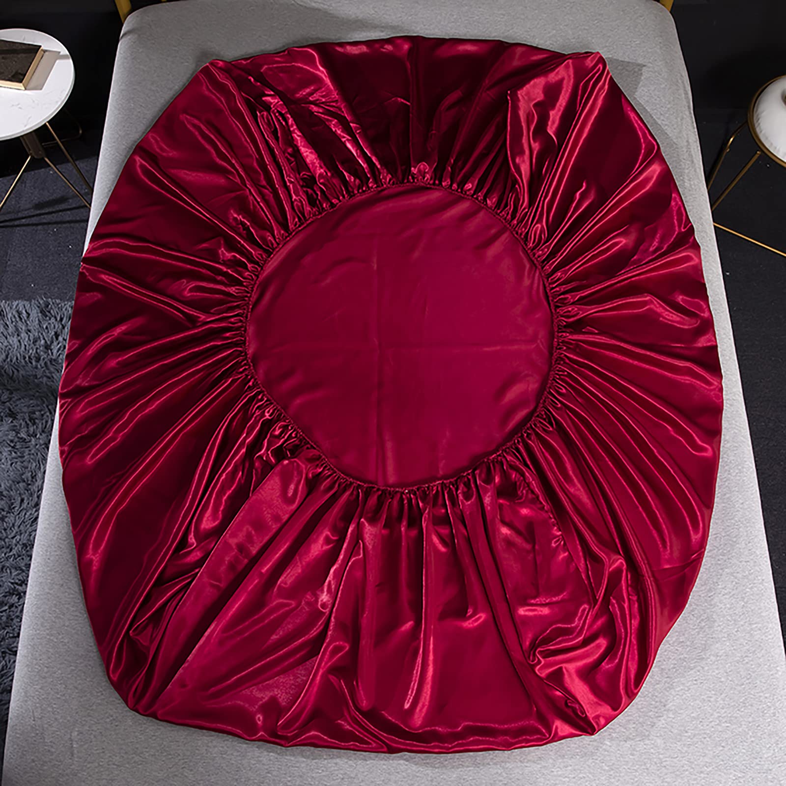 Jemiipee Juego de Sabanas de Cama Raso Color Sólido, 1 x Sábana Bajera Ajustable 180x200 cm con 35 Bolsillo Profundo, 1 x Encimera y 2 x Fundas de Almohada, Rojo Burdeos