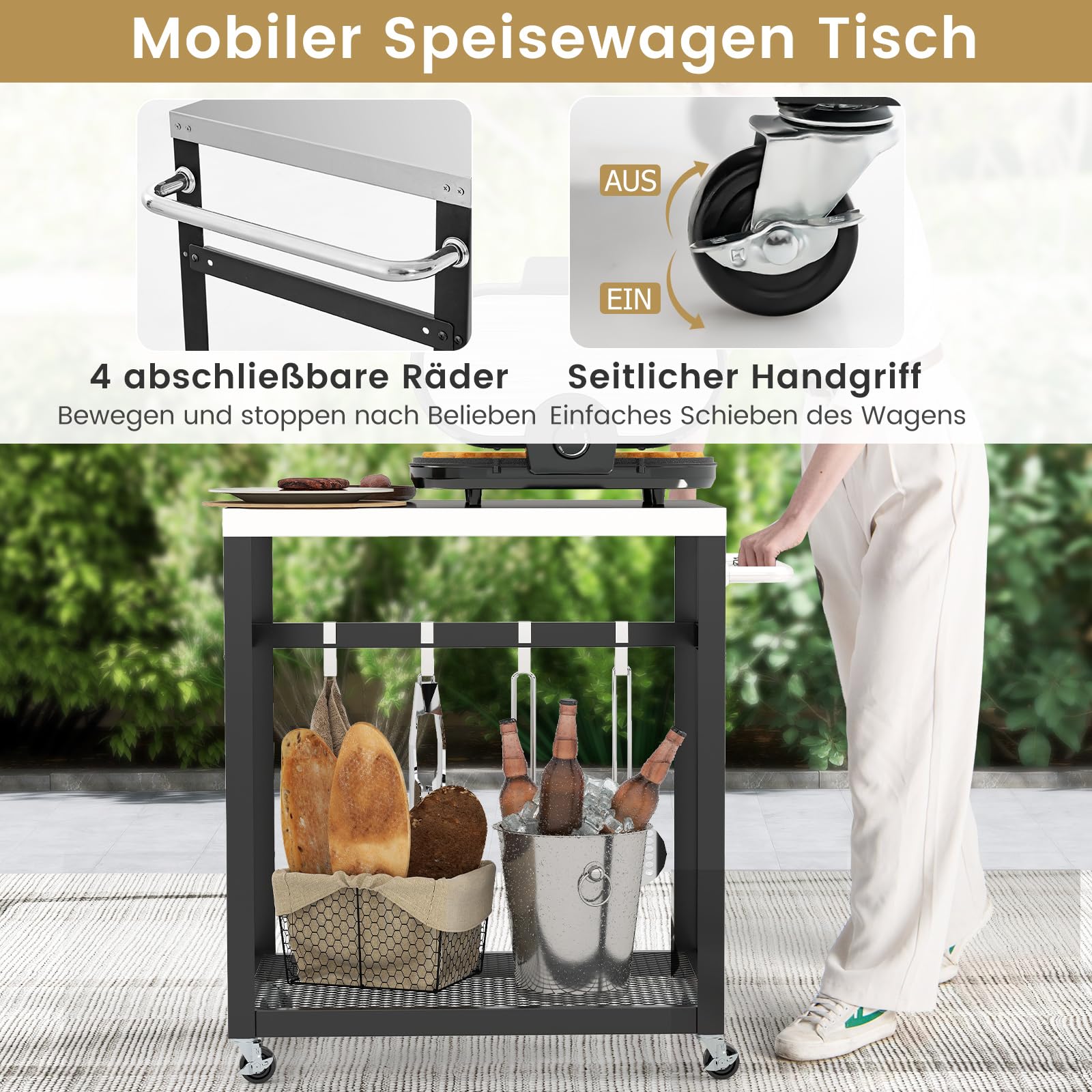 Outsunny Buitenkeuken Eiland, Grillwagen Met Kast En Planken Keukentrolley Van Hout En Roestvrijstaal Met Wielen~1sf0l213hl800