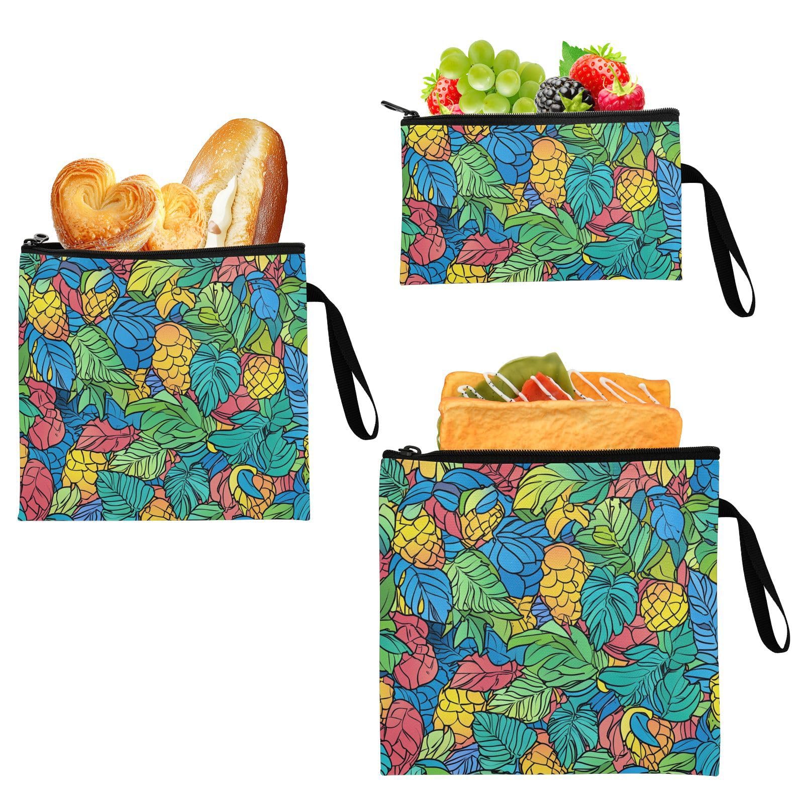 Colorful Fruit Leaf Flowers 3 Piecing Reusable Zipper Snack Bag Waterproof Food-Safe Storage Zipper Bag for Kids Students Adults Food