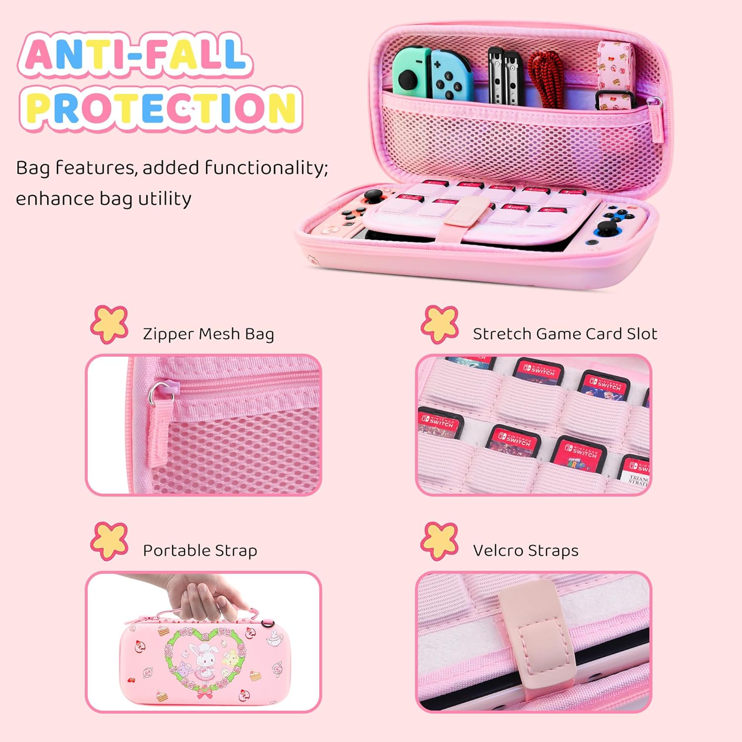 HYPERCASE Cute Switch Carrying Travel Bag for Nintendo Switch Accessories, Pink Bunny Soft Switch Cover Case for NS Console, HD Screen Protector, Shoulder Strap, 2 Kawaii Thump Caps - Image 2