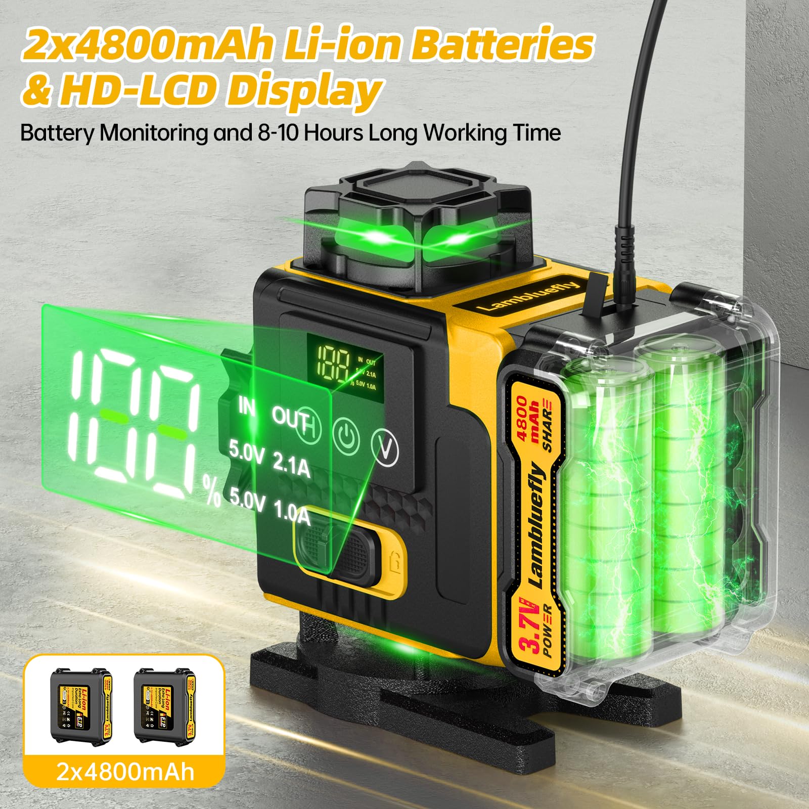 Livella Laser con Treppiede,Livella Laser Autolivellante 360 con 2x4800mAh Batterie, 4X 360 °Livello Laser con Indicatore LED,16 Linee Laser Verde/APP/Telecomando/IP54 Impermeabile