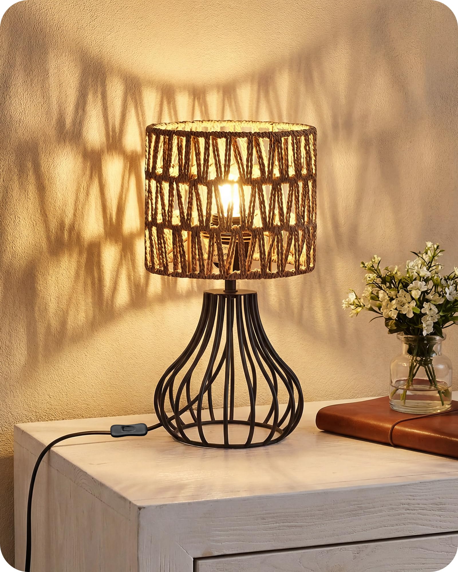 GOEBLESON Kleine Nachttischlampe, moderne Tischlampe Rattan Schwarz, Fensterbank Lampe, Industrial Landhause Tischleuchte mit Kabel, E27 Birne, für Nachttisch, Schlafzimmer, Hotel ZHW10TLD05