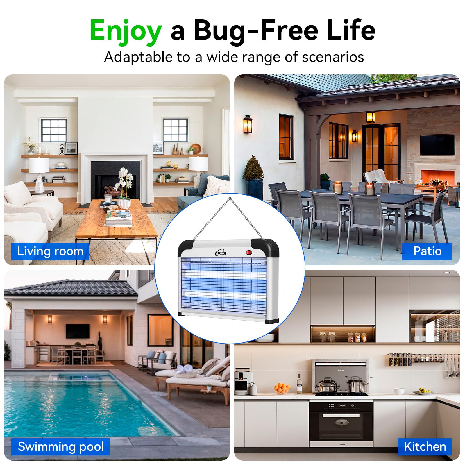 KOK 20W UV Lampara Antimosquitos, Mata Mosquitos Eléctrico, Sin Químicos, Incluye 2 Bombillas de Repuesto, Apto para Dormitorio Salón Cocina Uso Interior