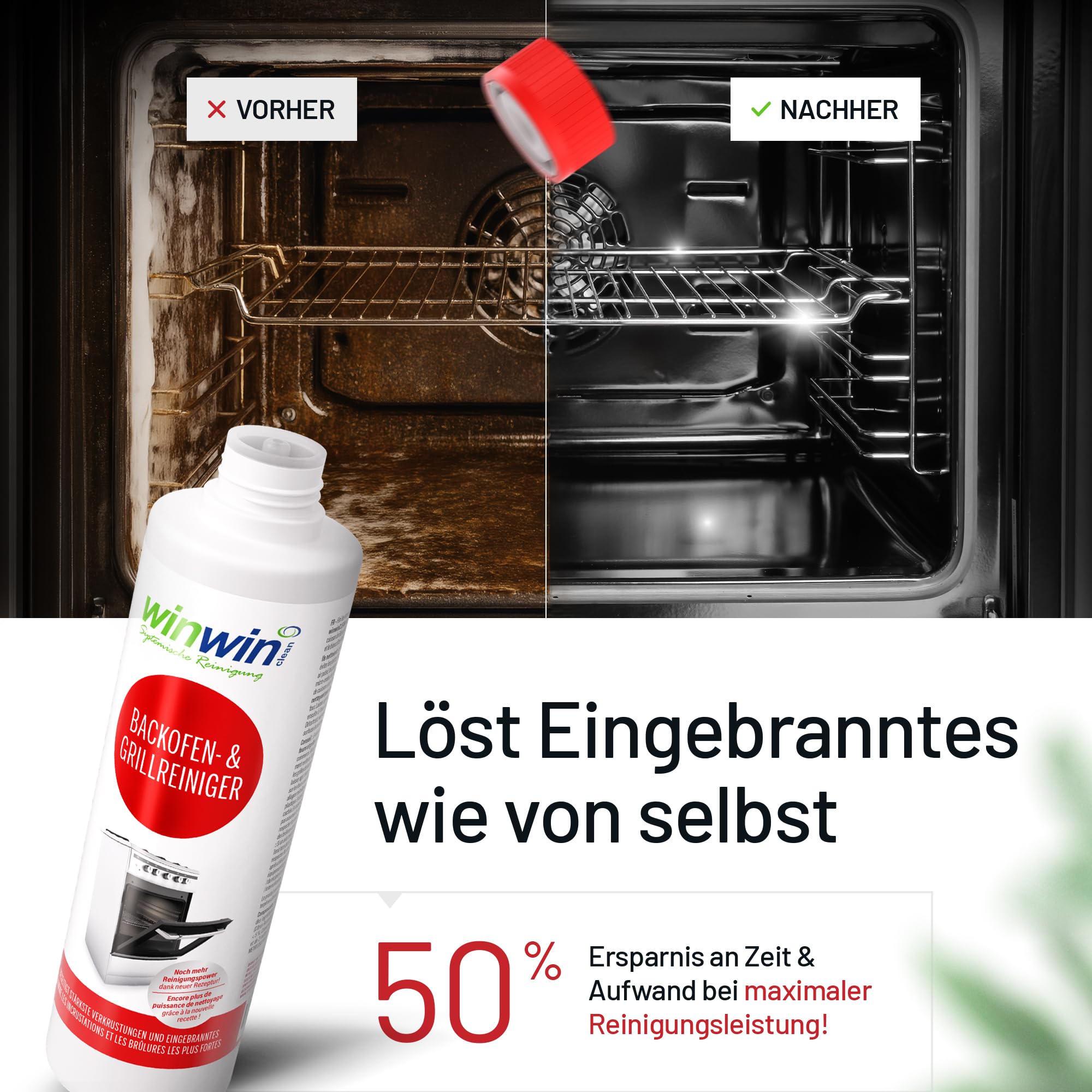 winwinCLEAN® Backofenreiniger & Grillreiniger mit Pinsel [Testsieger Stiftung Warentest] Starker Intensivreiniger & Fettlöser für hartnäckige Ablagerungen I Backofen, Gasgrill, Ceranfeld – 0,5L