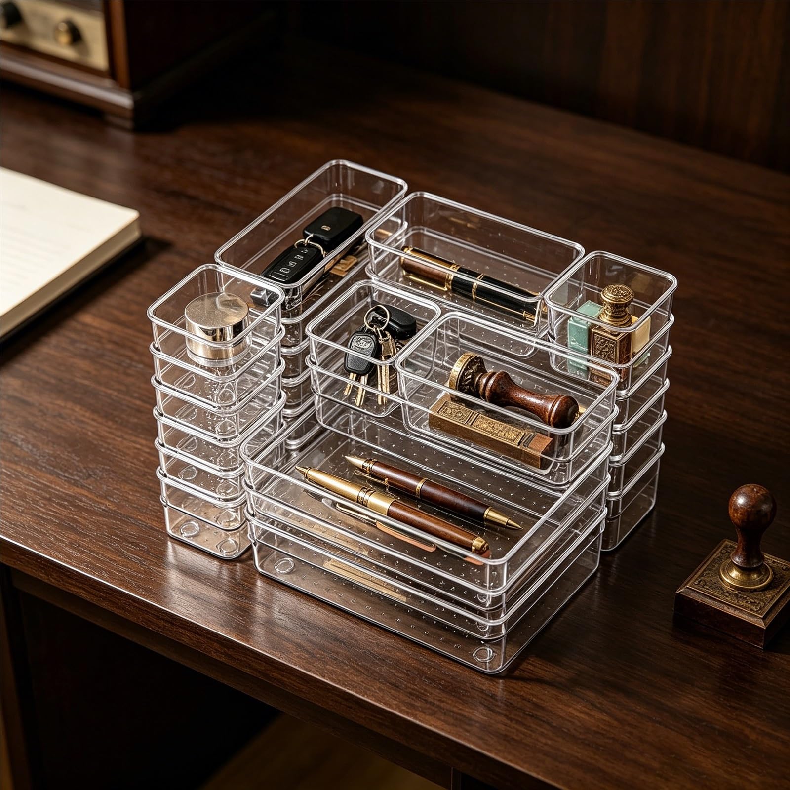 TYNGBT 25-Piece Clear Drawer Organizer Set, Plastic Storage Trays for Desk Kitchen Bathroom Makeup