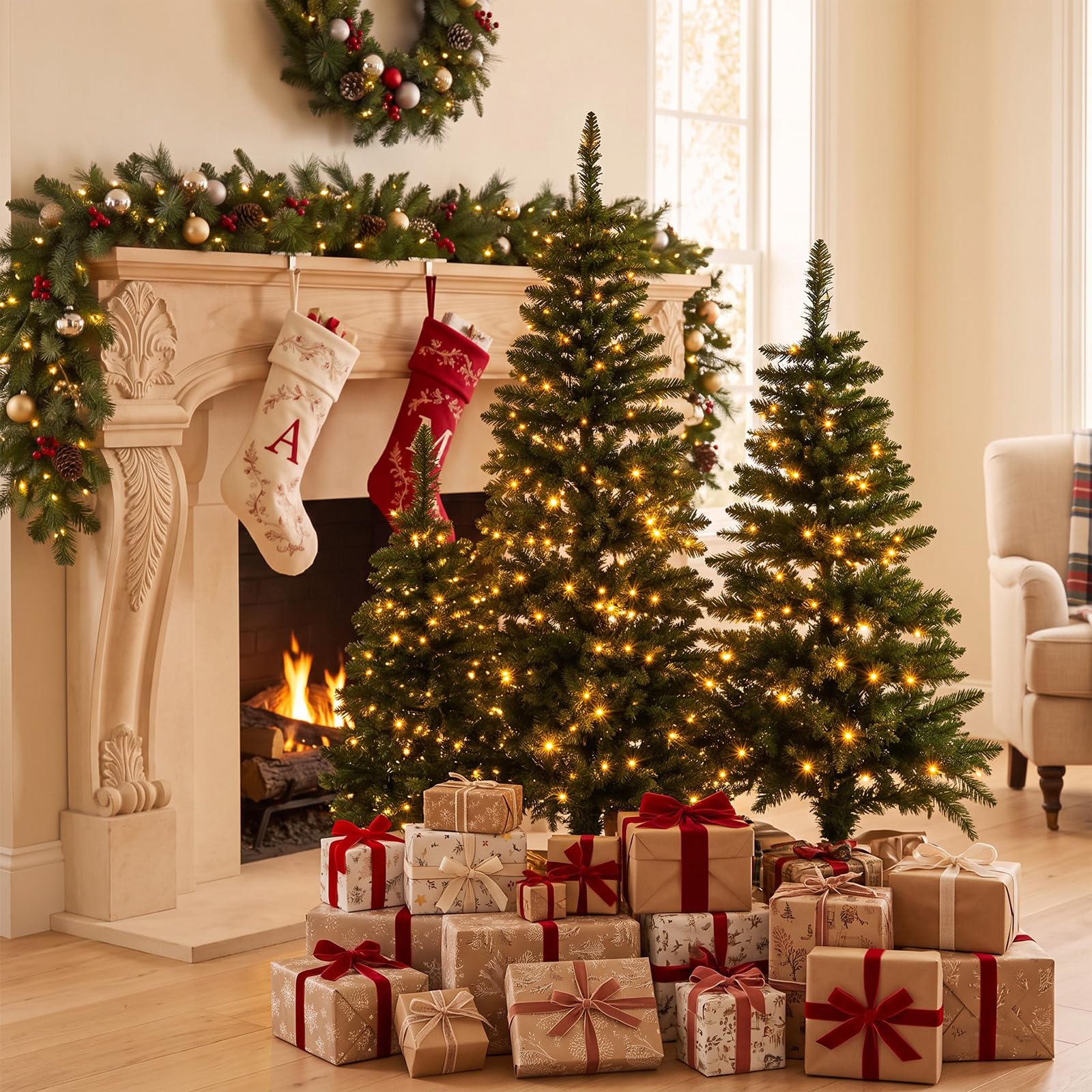Cinnvoice Lot de 3 sapins de Noël artificiels fins en cèdre floqué pré-éclairé avec lumières LED pour intérieur et extérieur, cheminée, porche, décoration de vacances