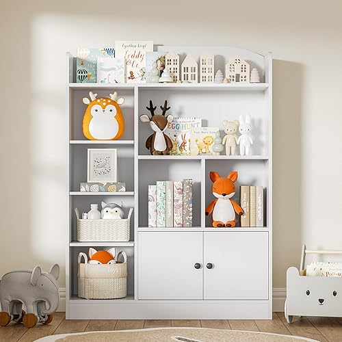 Miniatura 4 de White Kids Bookshelf, Kids Bookcase with 7 Cubbies and 2 Cabinets, Freestanding Book Storage Shelves for Bedroom, Playroom, Hallway, 35.4" W x 48" H