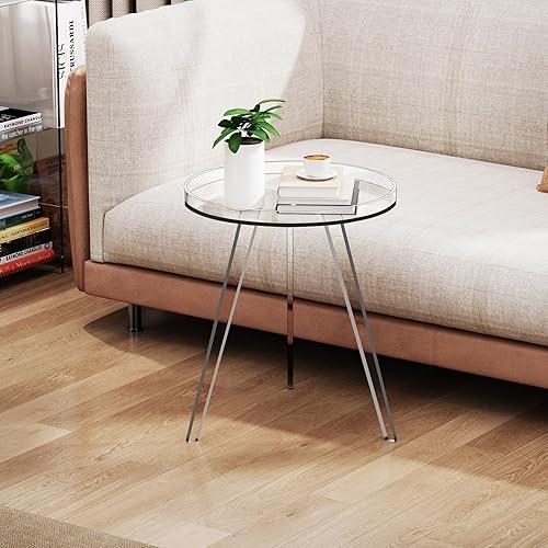 Miniatura 8 de Mesa auxiliar de acrílico transparente, mesa auxiliar redonda, mesita de noche, mesita de noche, círculo pequeño con bandeja para sala de estar