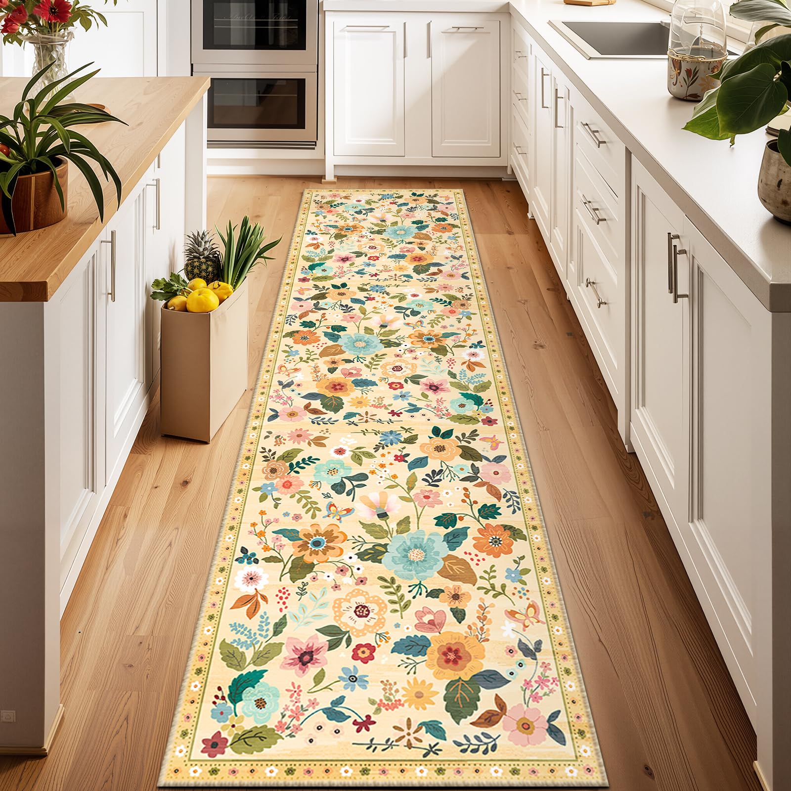 RELEANY Floral Nursery 2x8 Area Rugs Washable Print Boho Cute Carpet Non Slip Flower Low Pile for Living Room Kids Girls Playroom Bedroom Kitchen