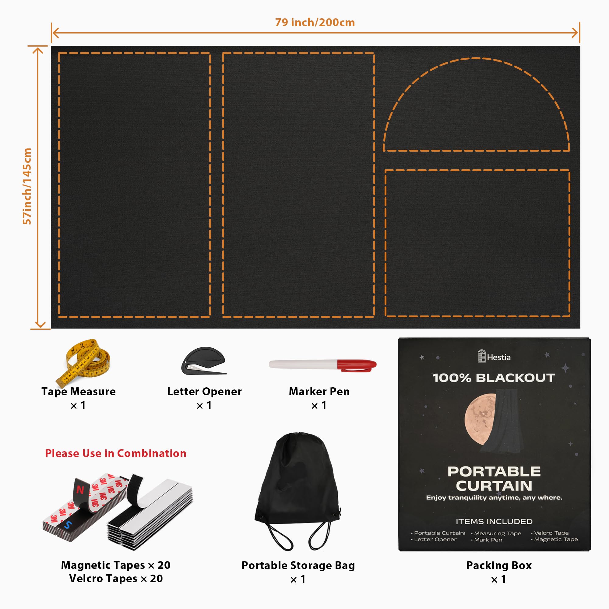 HESTIA Rideaux occultants portables de 145 x 200 cm avec sac de voyage, housse de fenêtre découpée, facile à installer, sans perçage, pour voyage, camping-car, fenêtres de toit, chambre à coucher et