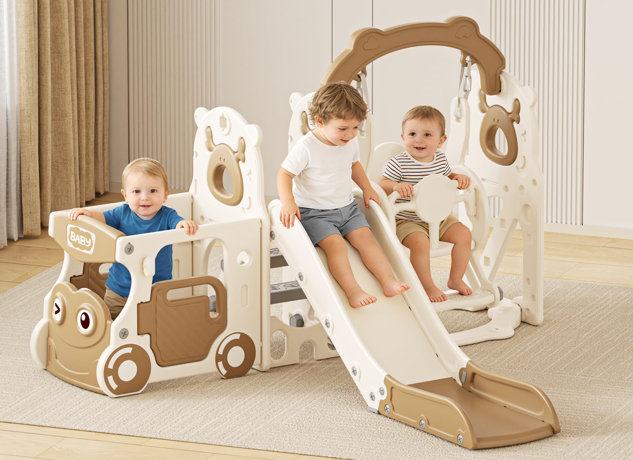 XJD 10 in 1 Toddler Slide, Kids Slide for Toddlers 1-3, Toddler Play Climber Slide Playset with Basketball Hoop and Ball,Toddlers Outdoor Indoor Playground (White Brown, Medium)
