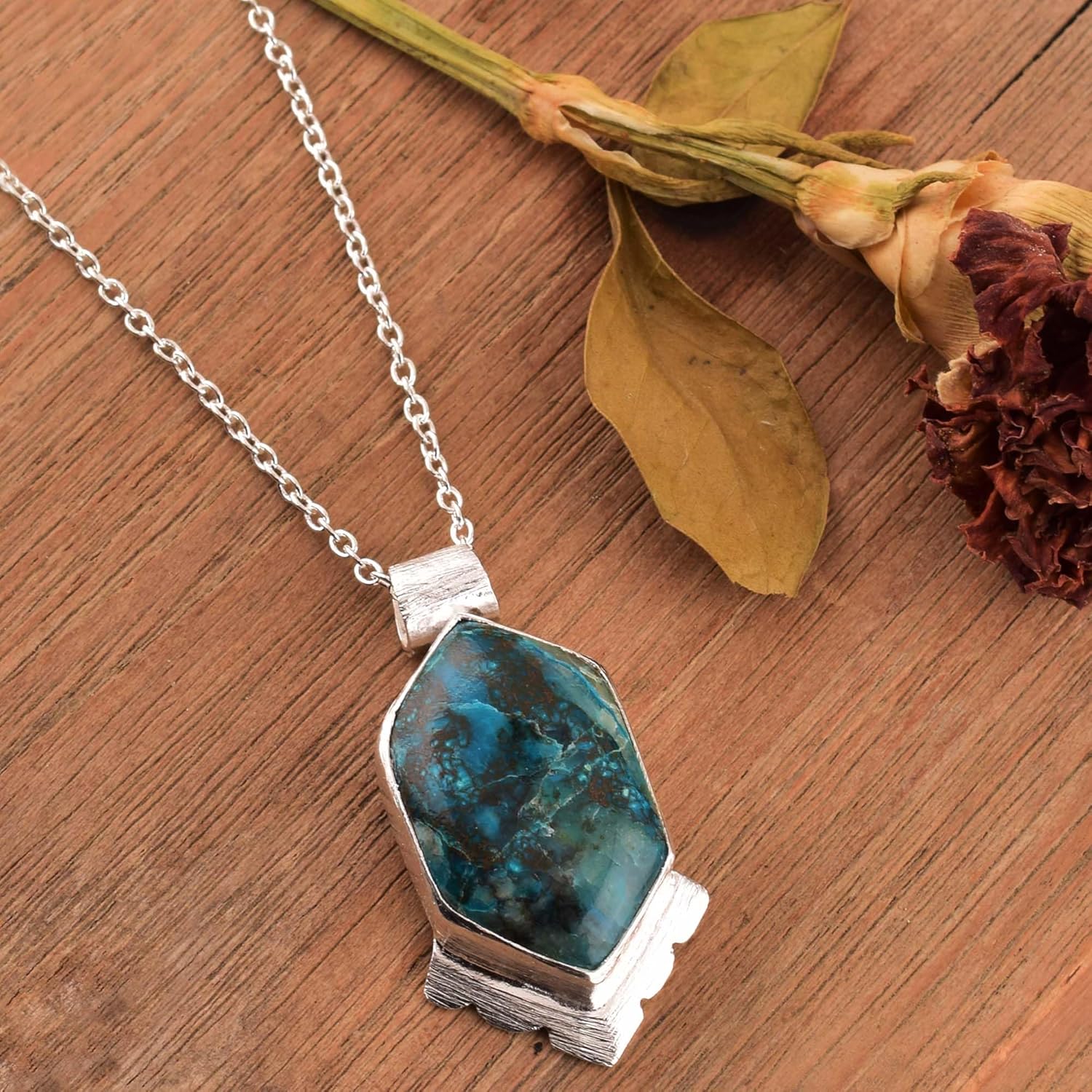 Natural Chrysocolla Crystals Pendant Necklace, Hexagon Cabochon Gemstone, Energy Healing Crystals, Jewelry for Women, Gemstone Jewelry 18 inch AAA+ Quality - Image 3