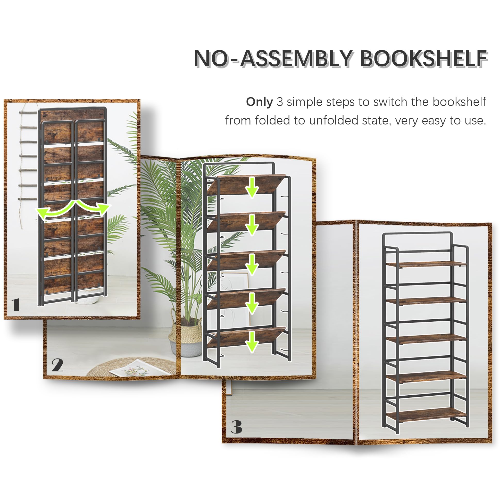 GHQME No-Assembly Folding Bookshelf Storage Shelves 5 Tiers Vintage Multifunctional Plant Flower Stand Rack Bookcase Home Office Brown