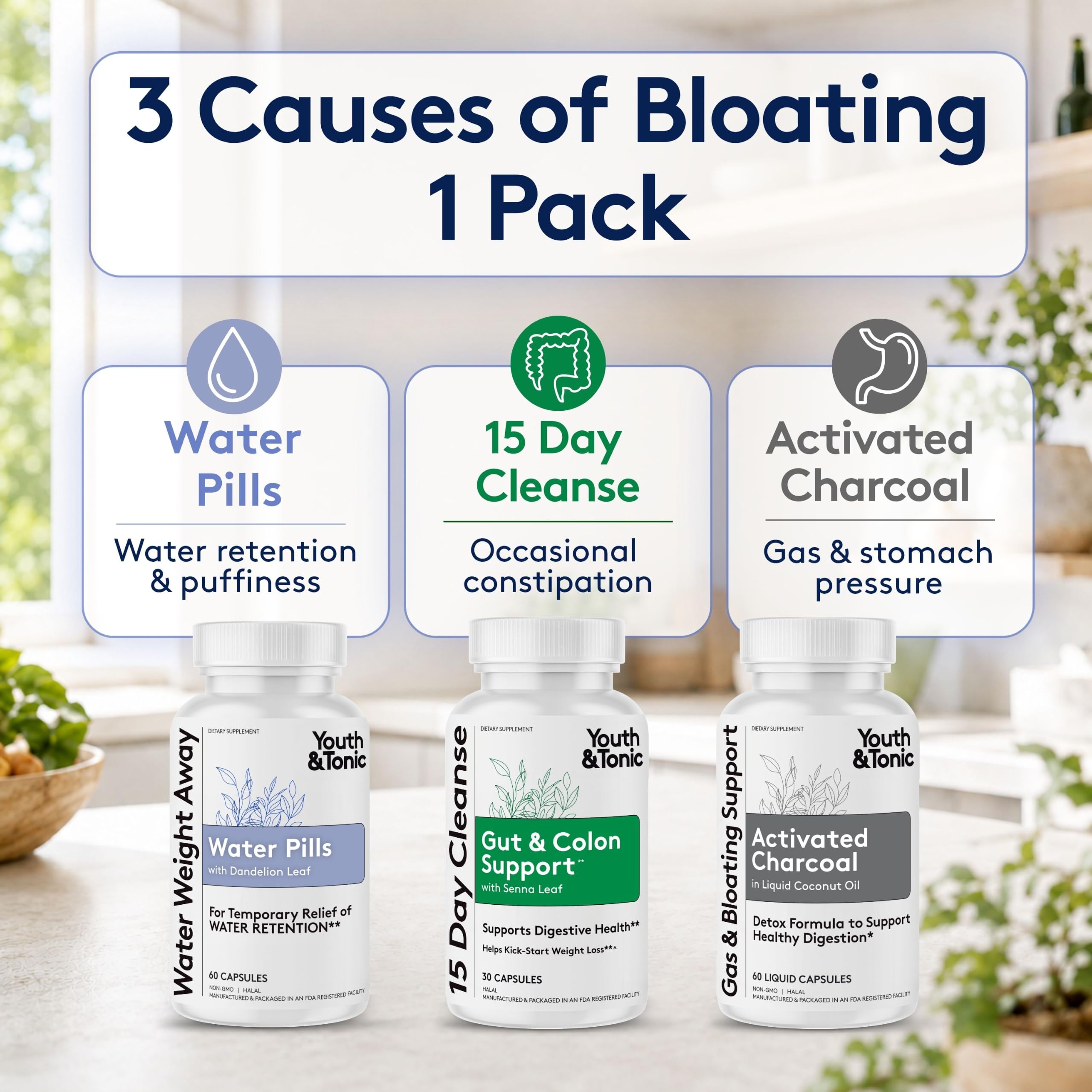 Youth & Tonic Anti Bloat Kit - Bloating Relief for Women & Men, 150 Pills — Amazon image 3