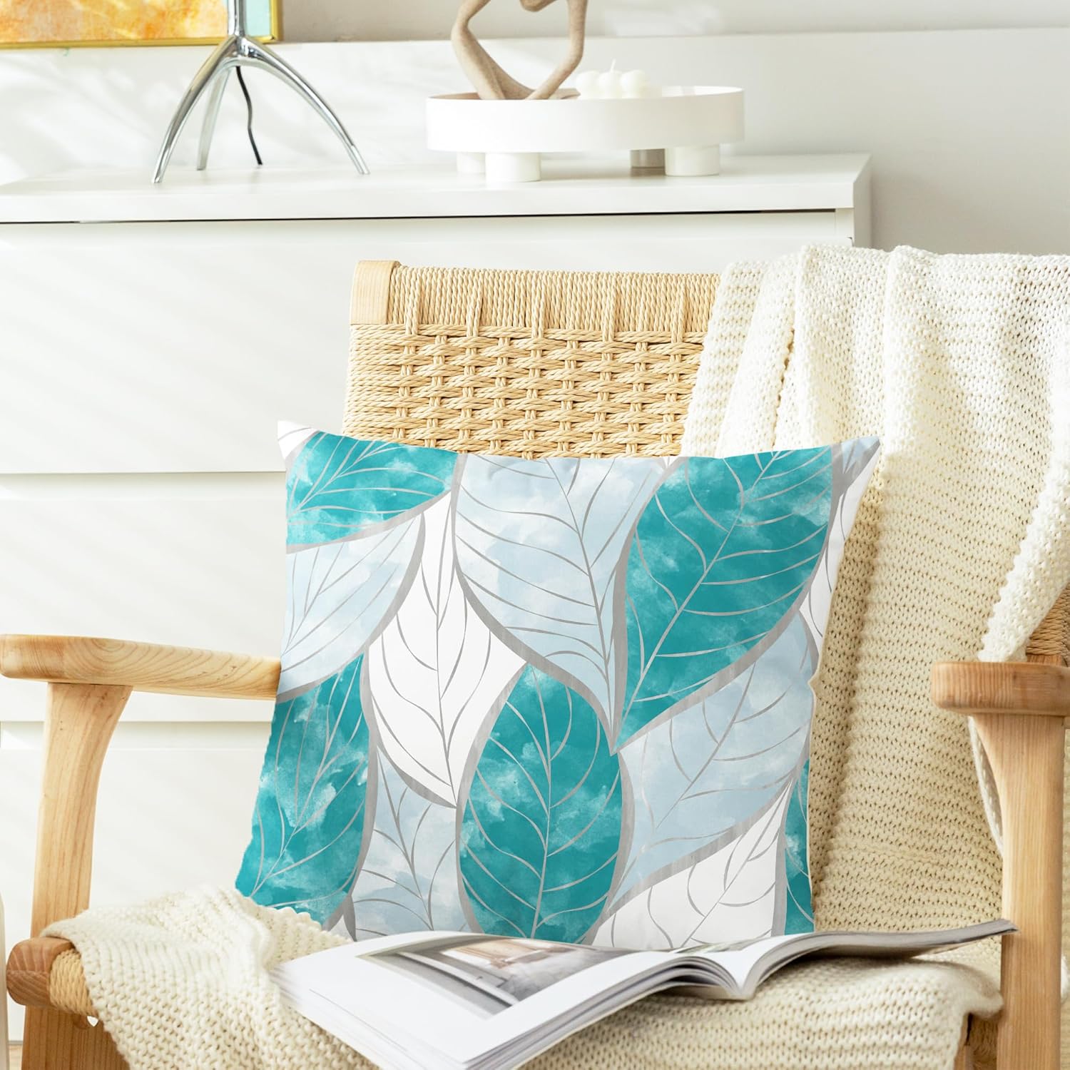 CaliTime Throw Pillow Covers Decorative 18 X 18 Inches Pack of 2 Cozy Fleece Watercolor Vibrant Leaves Cushion Cases for Couch Bed Sofa Farmhouse Decoration Teal Blue - Image 3