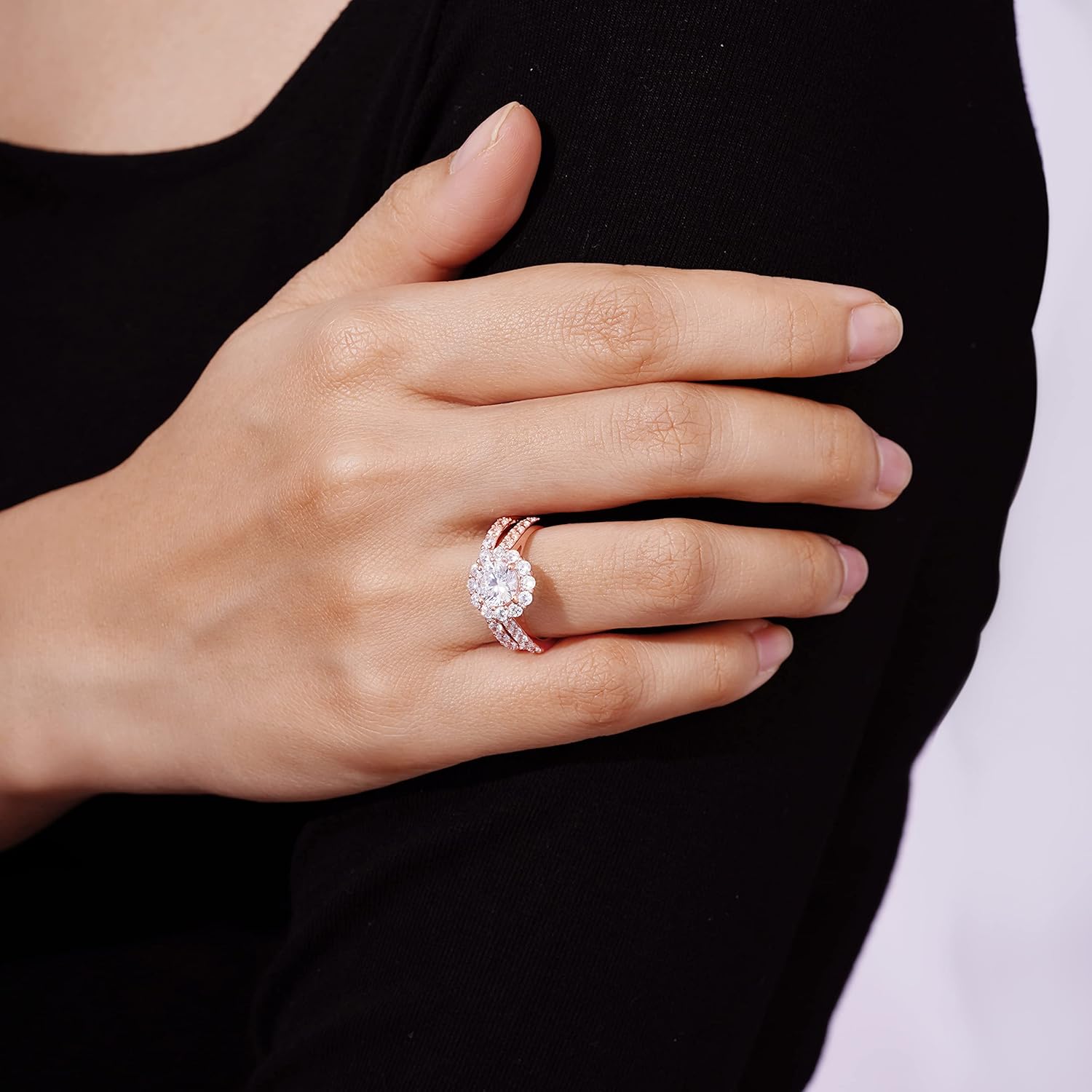 Amazon Essentials Sterling Silver Flower Halo Ring set with Infinite Elements Cubic Zirconia