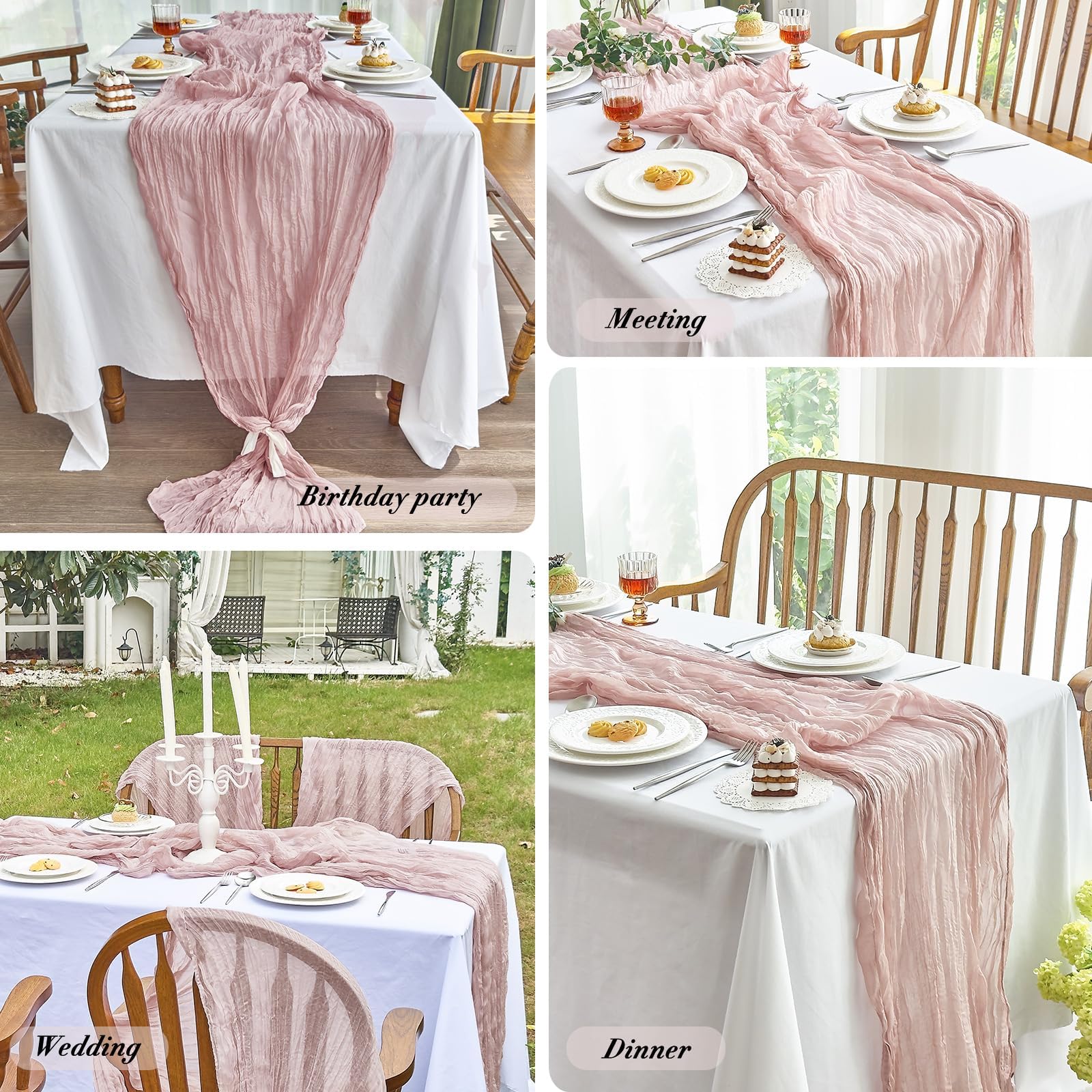 Bieżnik stołowy w stylu boho, pudrowy róż, szyfonowy bieżnik z tkaniny cheesecloth, elegancka dekoracja na wesele, przyjęcie, baby shower, rustykalny i szykowny wystrój (90 x 300 cm)