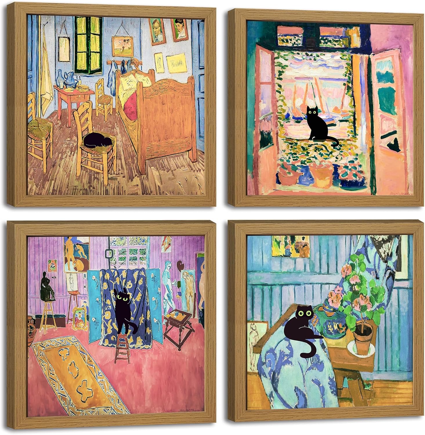 Matisse Cat Wall Art, Framed Abstract Colorful Canvas Prints, Henri Matisse Inspired Aesthetic Posters Black Cat Wall Decor for Living Room, Bedroom, Bathroom 11x11 Inch