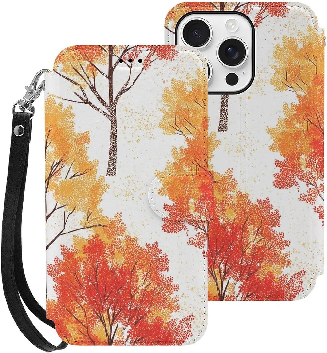 Autumn Trees Compatible with iPhone 16/16 Plus/16 Pro/16 Pro Max/16 E Case Phone Wallet Card Holder Flip Cover with Wrist Strap
