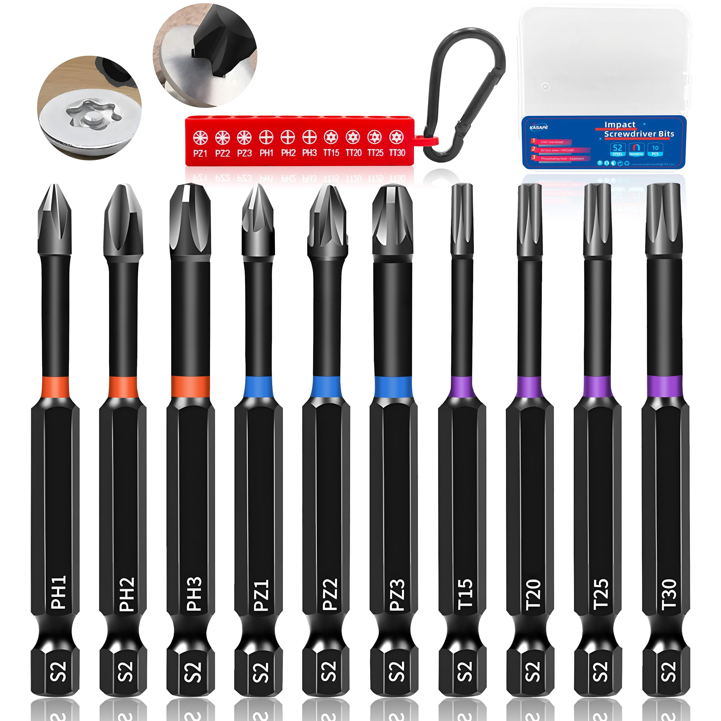 KASAFE 90mm Magnetic Impact Screwdriver Bits Set，S2 Steel Phillips Pozidriv and Torx Screwdriver Bits Set, Multi-Size Durable Design for Heavy-Duty Use, Universal 1/4" Hex Shank for Power Drivers