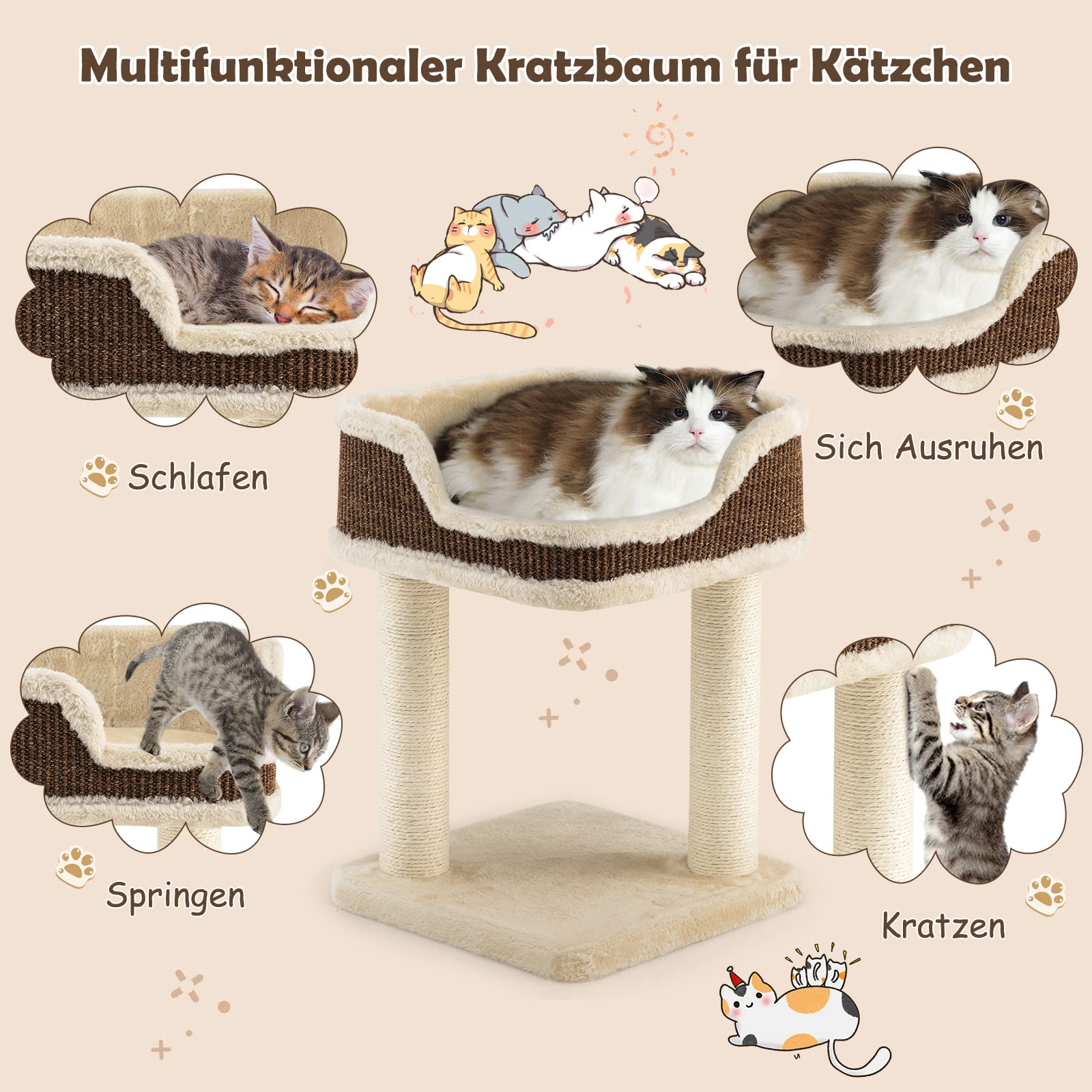 Krabton: COSTWAY Krabpaal Van Hout, 143 Cm, Kattenboom Met Krabton Sisal Krabzuilen Platform Sisalplank Speelbal Ladder Kattenkrabpaal Katten Kattenmeubel Klimboom Activiteitsboom Natuur