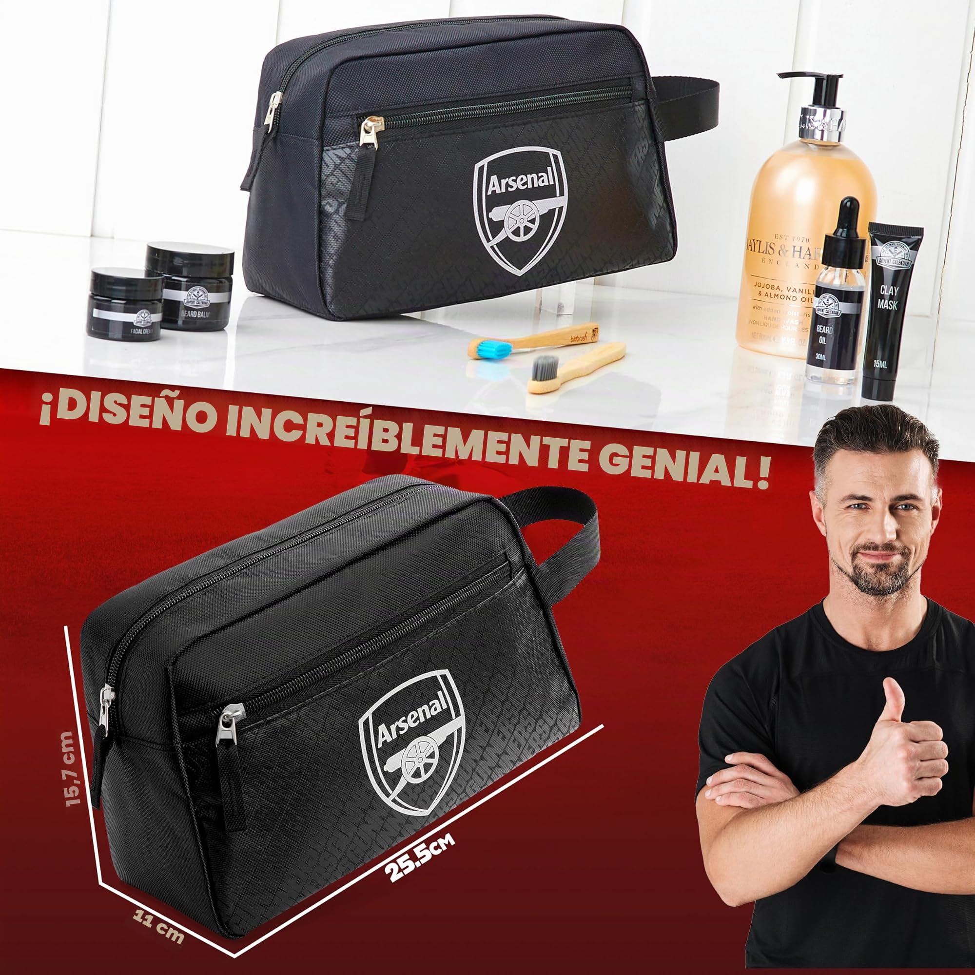 Arsenal F.C. Neceser para hombre, bolsa de viaje colgante con bolsillos con cremallera, regalos de fútbol para niños, adolescentes y adultos