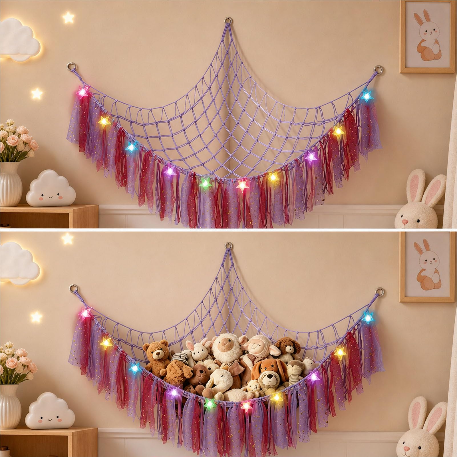 Teddy Hammock Toy Storage Net, Purple Plush Toy Hammock with LED Light