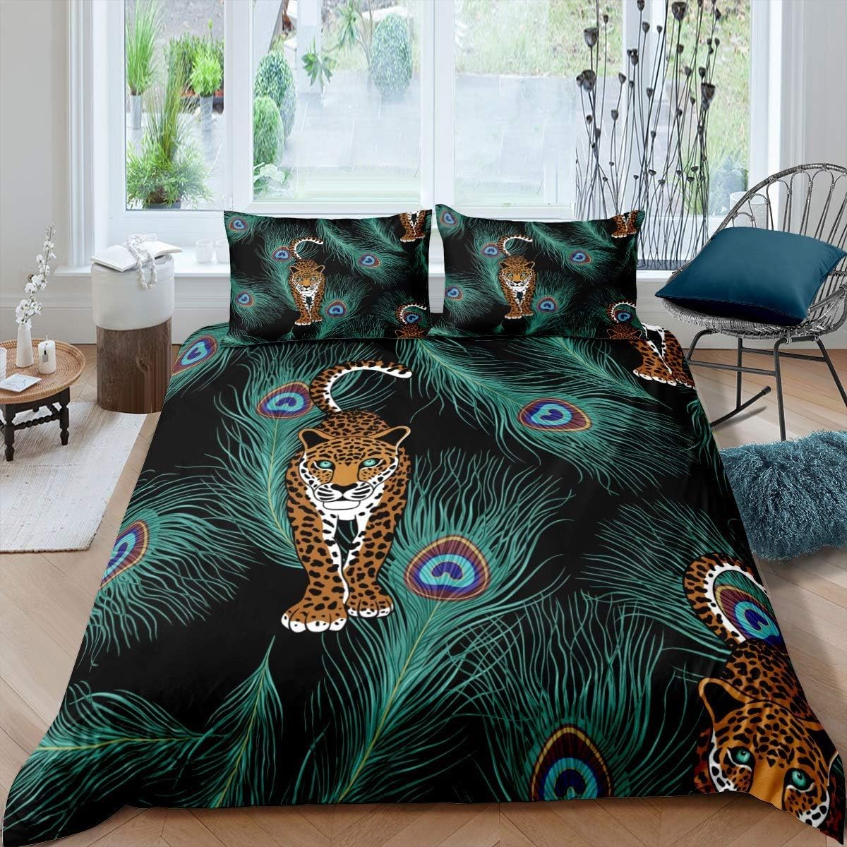 Housse de couette 135x200 léopard lit 1 ou 2 personnes avec taies d'oreiller