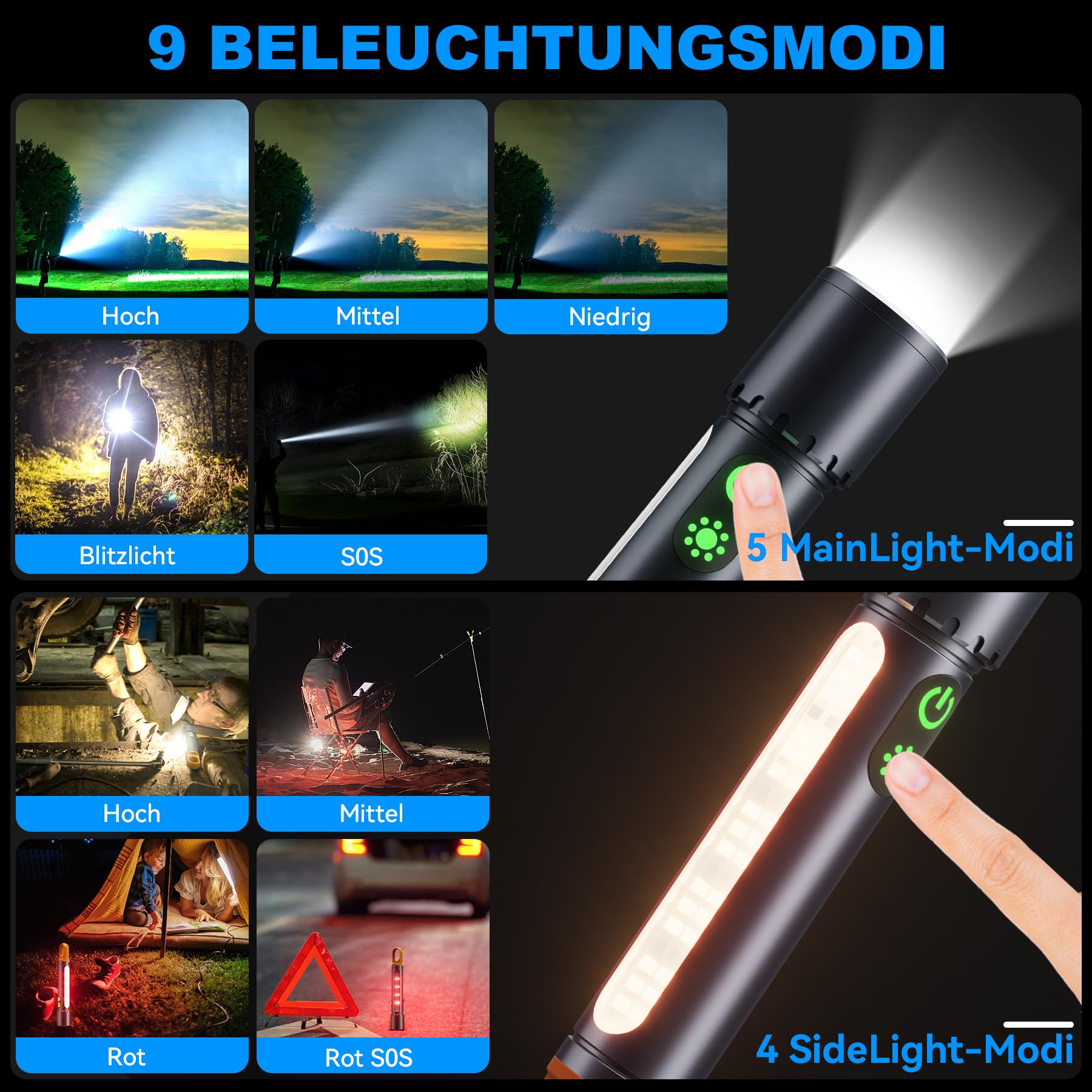 Linterna LED recargable 60.000 lúmenes, 9 modos, linterna LED extremadamente brillante XHP90.2 con zoom y IPX7, resistente al agua, linternas fuertes para camping, senderismo, emergencias