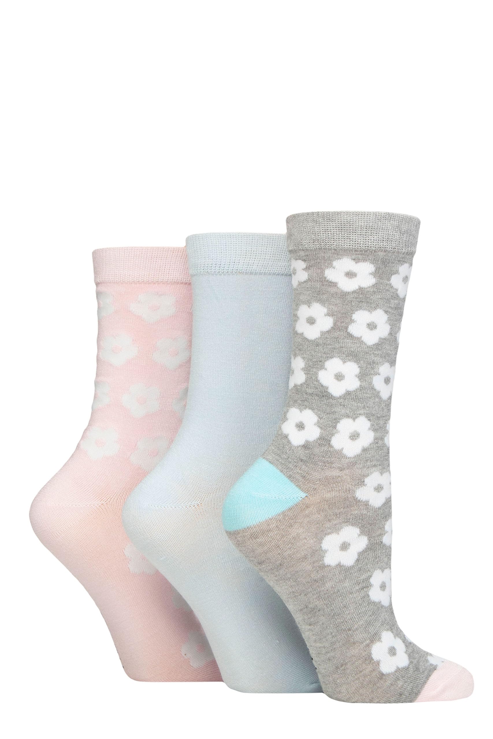 SockShop Wildfeet Ladies Bamboo Socks -Patterned Fun and Colourful Soft Breathable Socks Multipack of 3 Pairs (UK, Numeric, 4, 8, Regular, Regular, Flowers Grey/Pink/Blue)