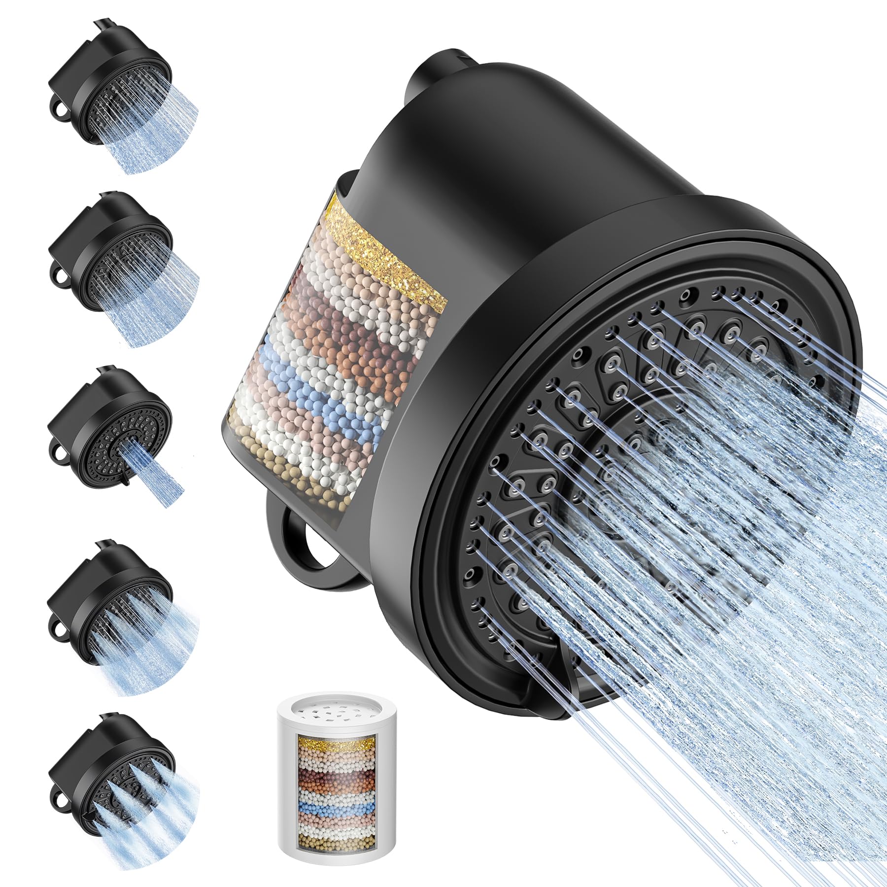 Filtered Shower Head 6 inch High Pressure Shower Head with Filter for Hard Water Softener 5 Spray Mode