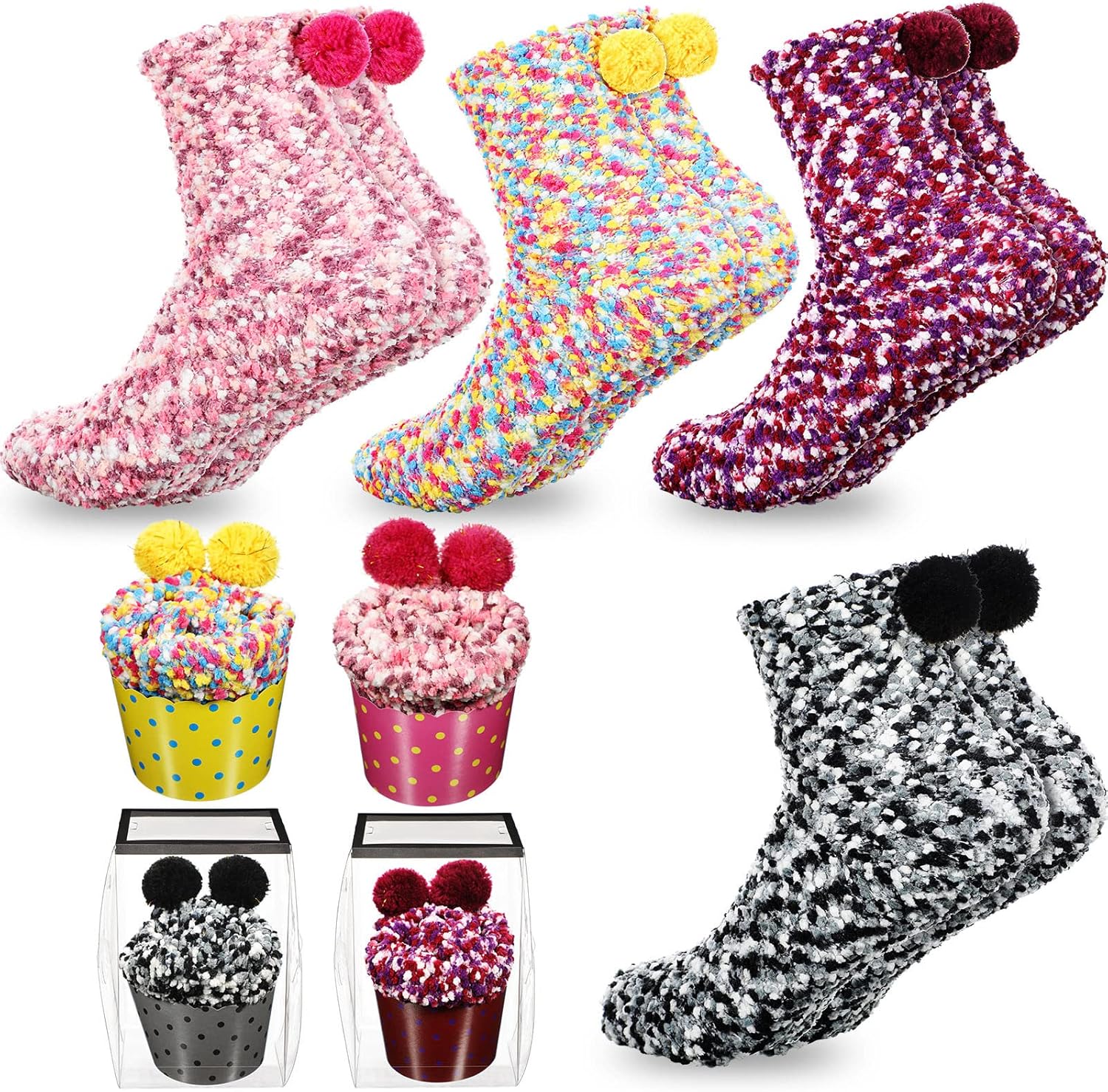 SATINIOR 4 Pairs Valentines Fuzzy Cupcake Socks for Women Girl Fluffy Slipper Socks DIY Gift Boxes for Winter Christmas