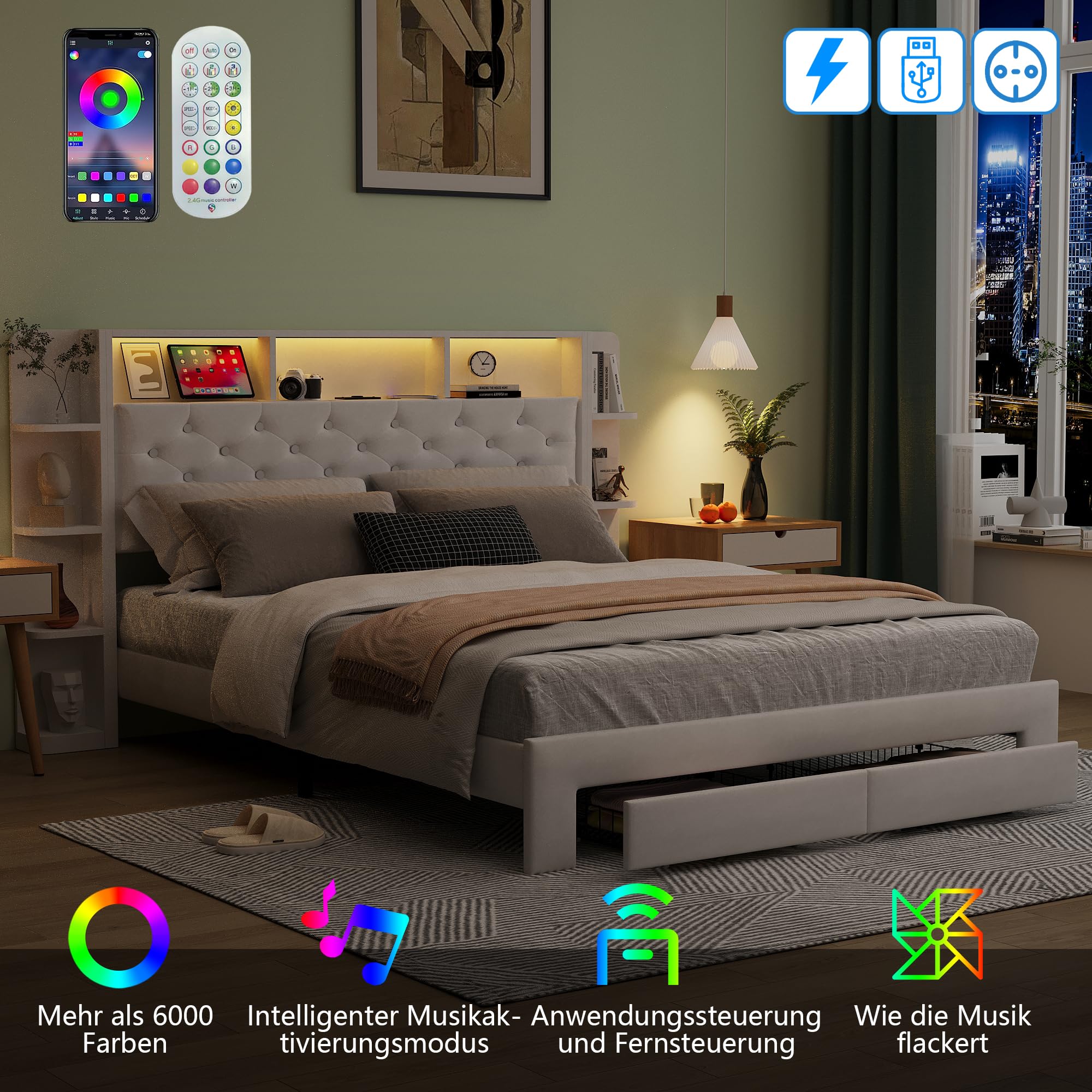 Doppelbett 140 x 200 cm, mit LED, gepolstertes Bett mit Schubladen und USB-Ladeanschluss, Bett mit Aufbewahrung, 140 x 200 cm, Samtstoff, Doppelbett mit USB, ohne Matratze (Weiß, 140 x 200 cm)