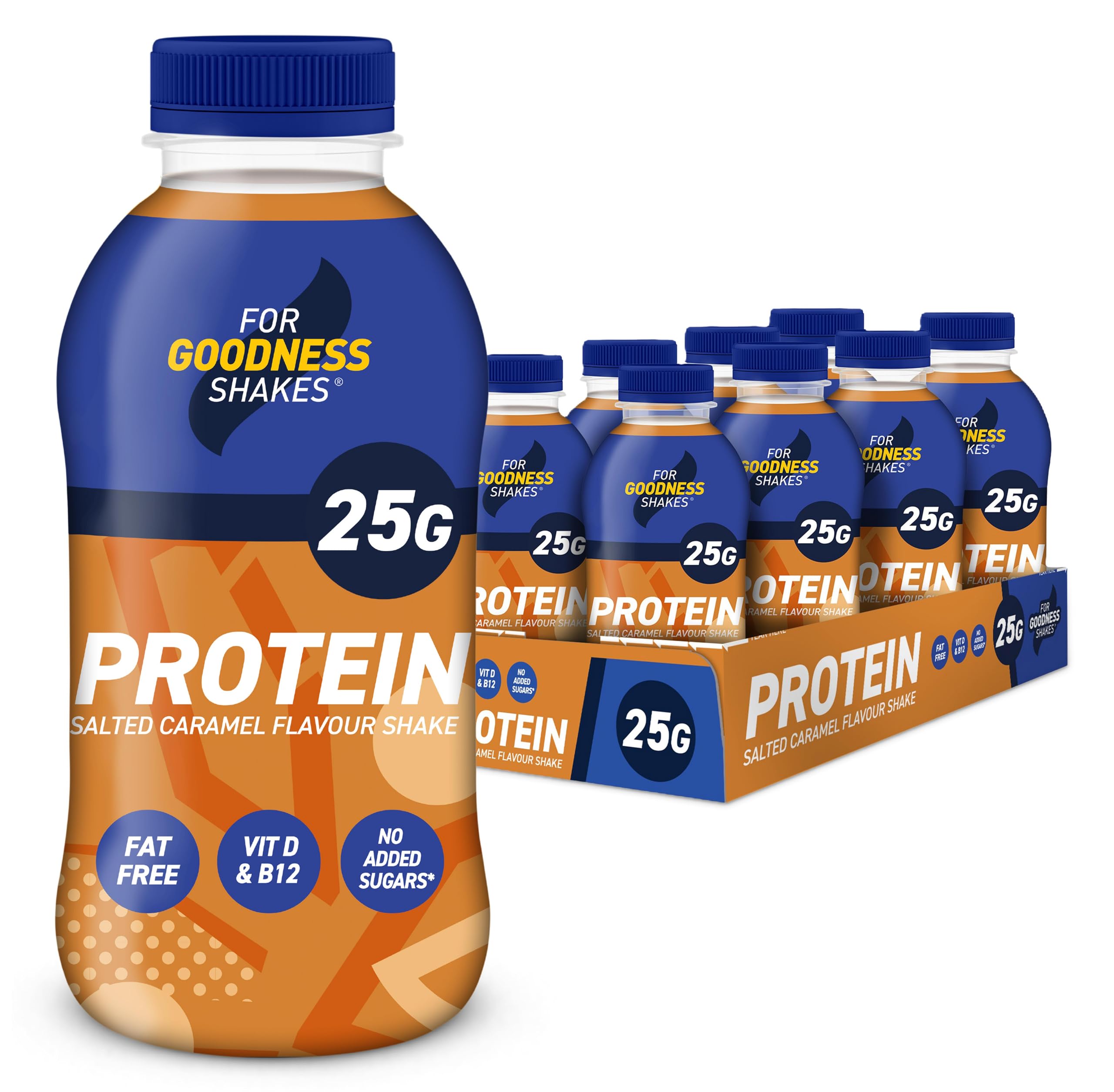 For Goodness Shakes Salted Caramel Drink, High Protein Fat-Free Ready-To-Drink, 25g Protein, Vitamin D & B-12, No Added Sugar, Low Calorie, 195 Kcal, Suitable For Breakfast, Pre, Post Workout, 8x435ml