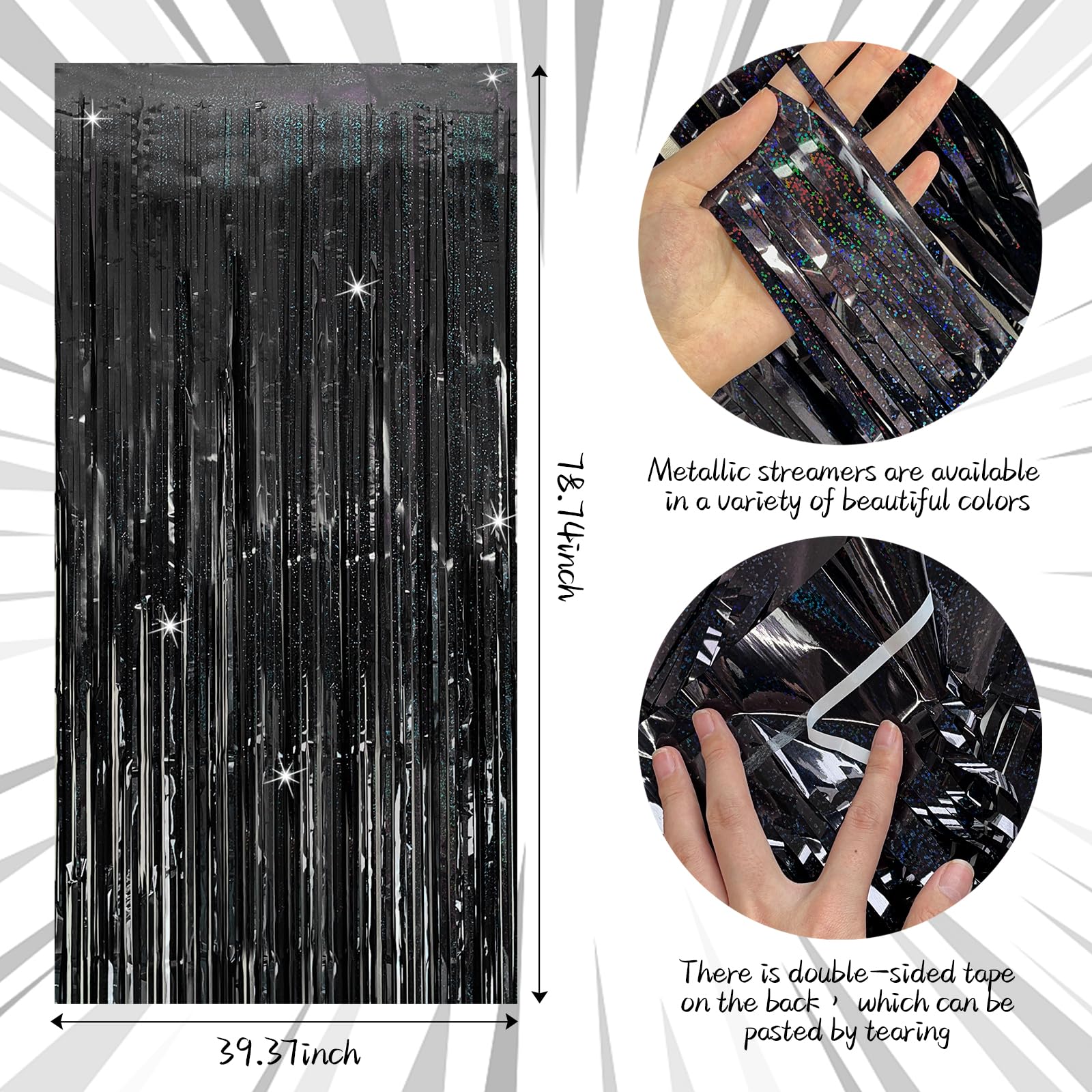 Cortina de oropel para fiestas, telón de fondo negro para fiesta de cumpleaños, 2 paquetes de cortinas con flecos de papel de aluminio con purpurina, decoración de fiesta, serpentinas, cabina de fotos