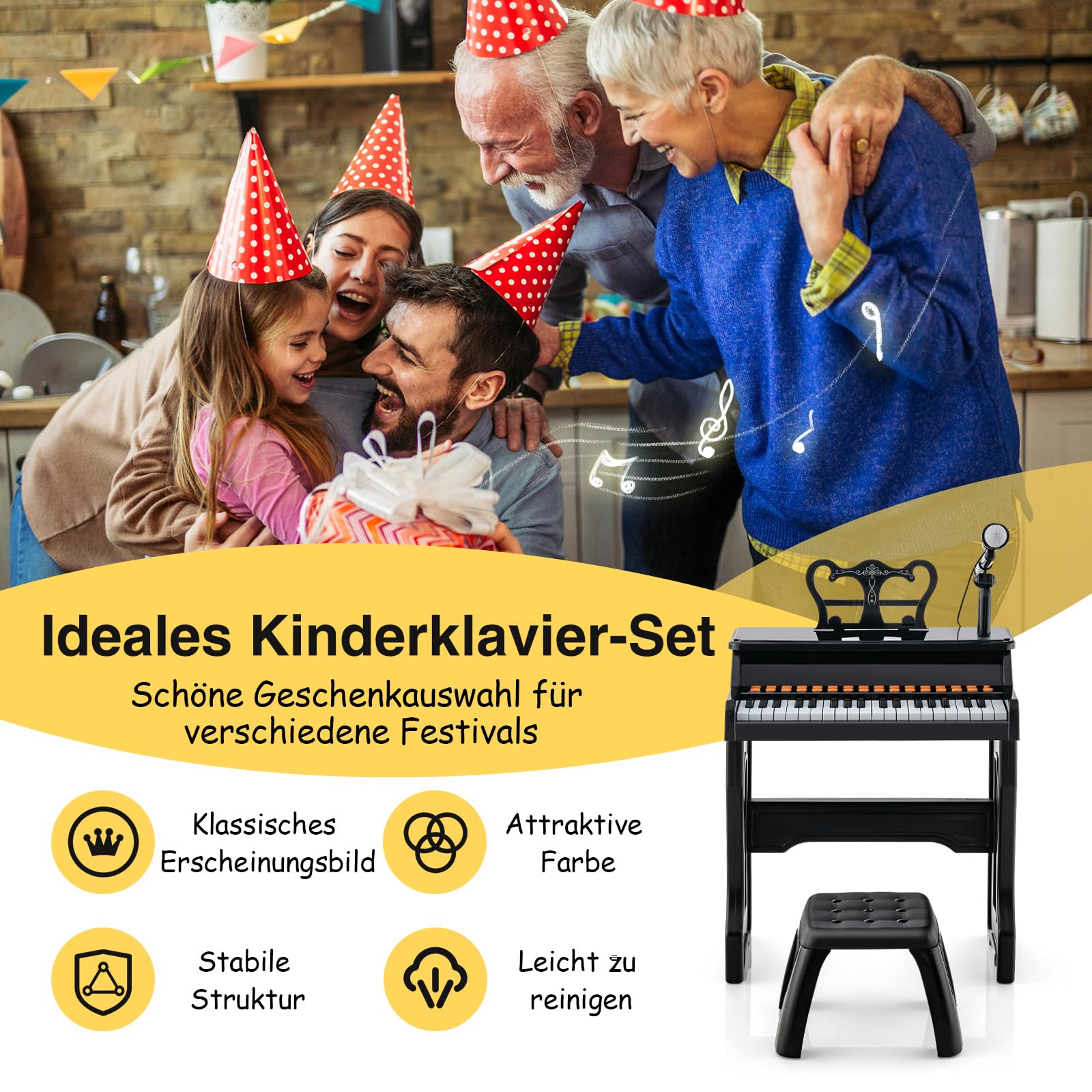 COSTWAY 37-Tasten Kinder Keyboard, elektronisches Kinderklavier mit Hocker, verstellbarem Mikrofon & Notenständer, Kinderpiano Klaviertastatur für Kinder ab 3 Jahren (Schwarz)