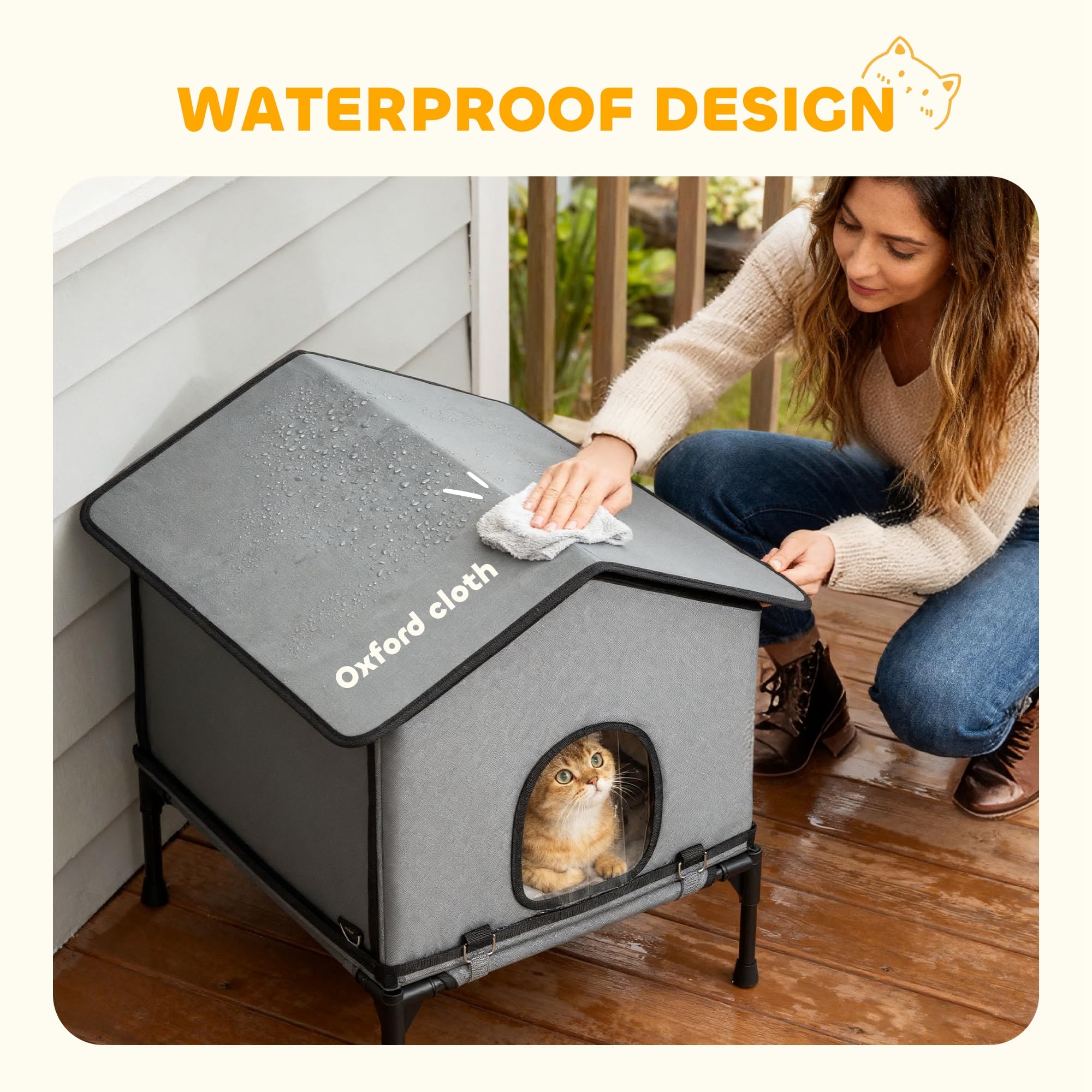 PawHut Casa Gato Exterior Impermeable aislada cojín para Gatitos Gris | Perrera gato, base elevada, refugio plegable para gato callejero, interior exterior